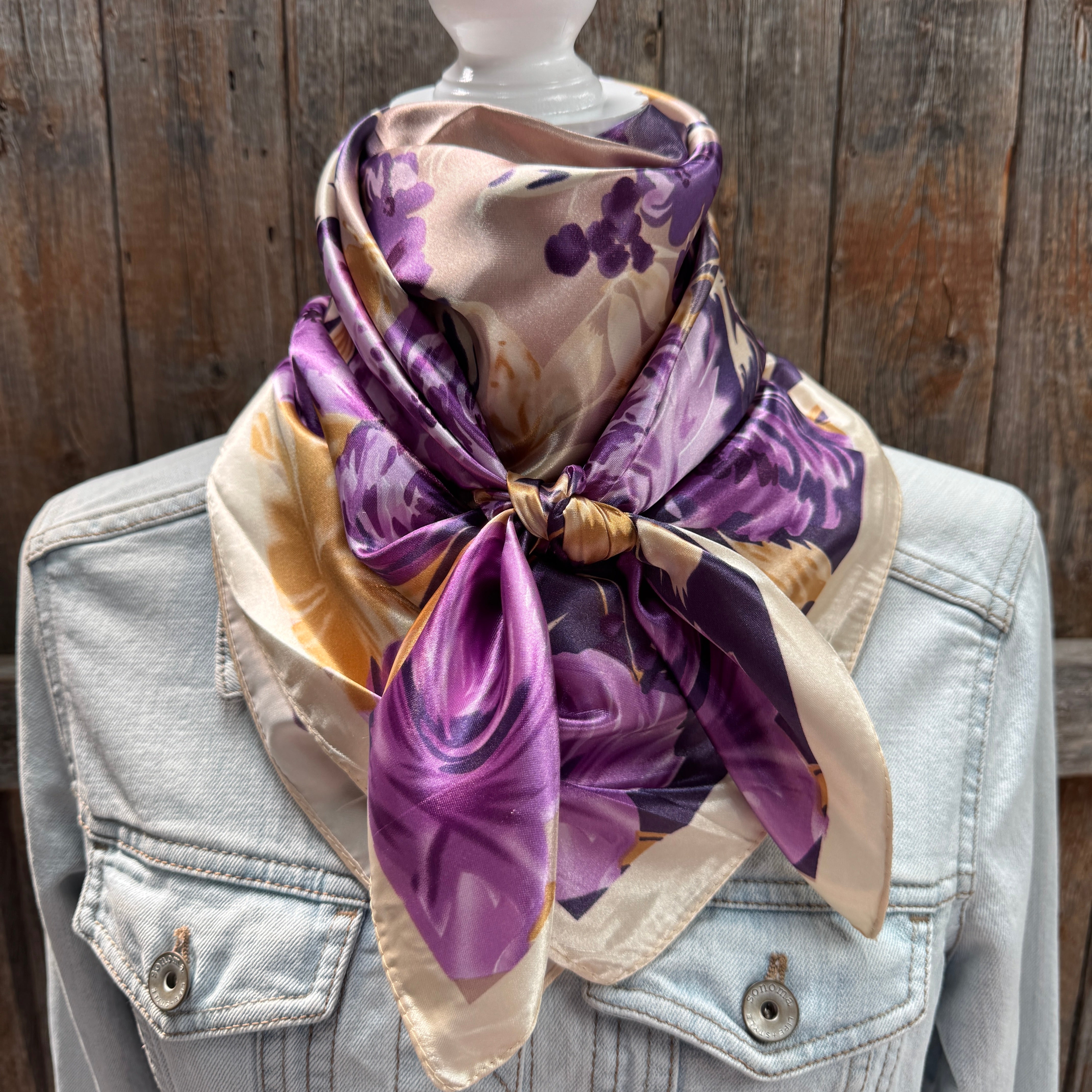 35X35"  Purple and Cream Floral Wild Rag / Scarf WR3434