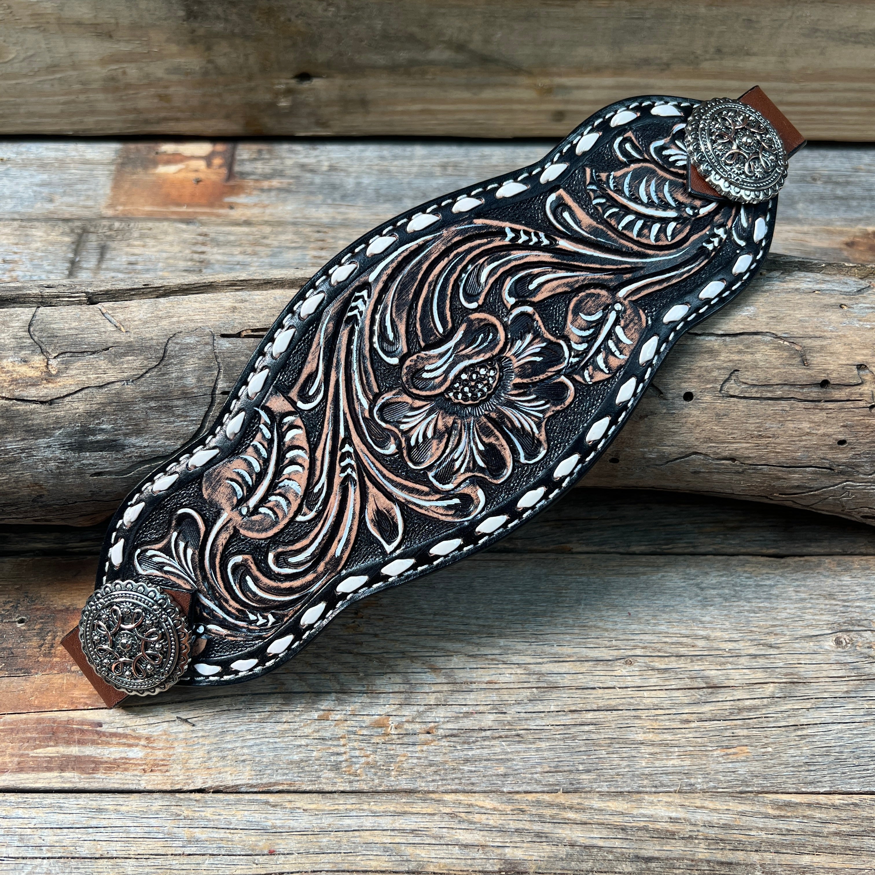 Dark Oil Buckstitch Bronc Noseband With Flowers and Loops Conchos