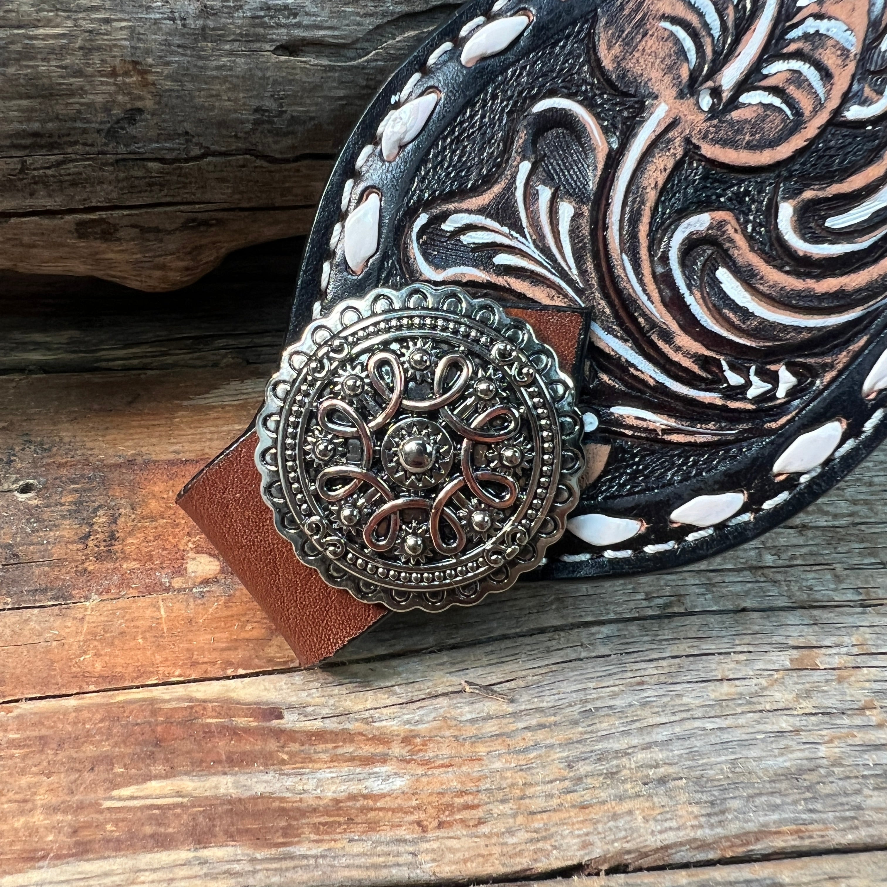 Dark Oil Buckstitch Bronc Noseband With Flowers and Loops Conchos