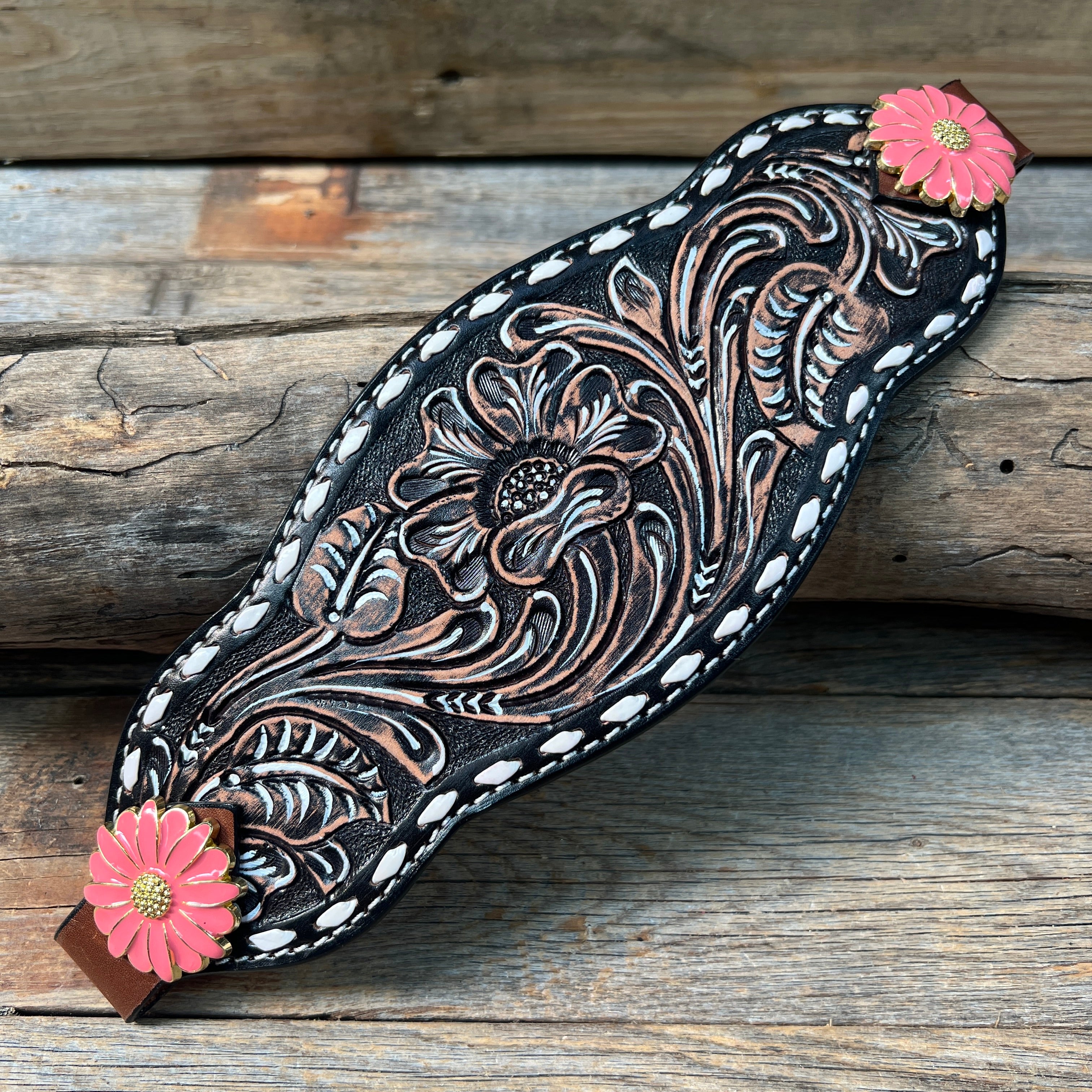 Dark Oil Buckstitch Bronc Noseband With Pink Flowers Conchos