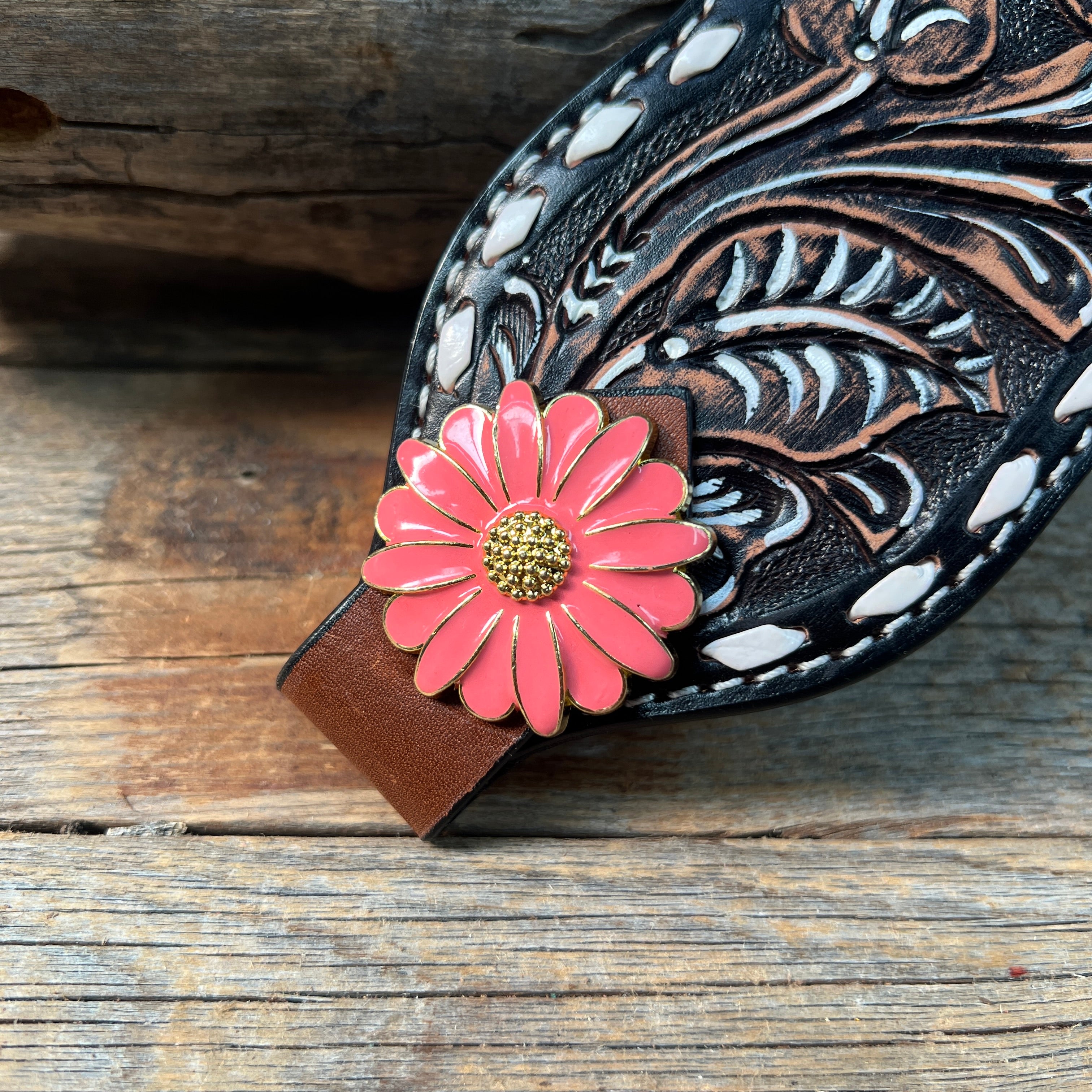 Dark Oil Buckstitch Bronc Noseband With Pink Flowers Conchos