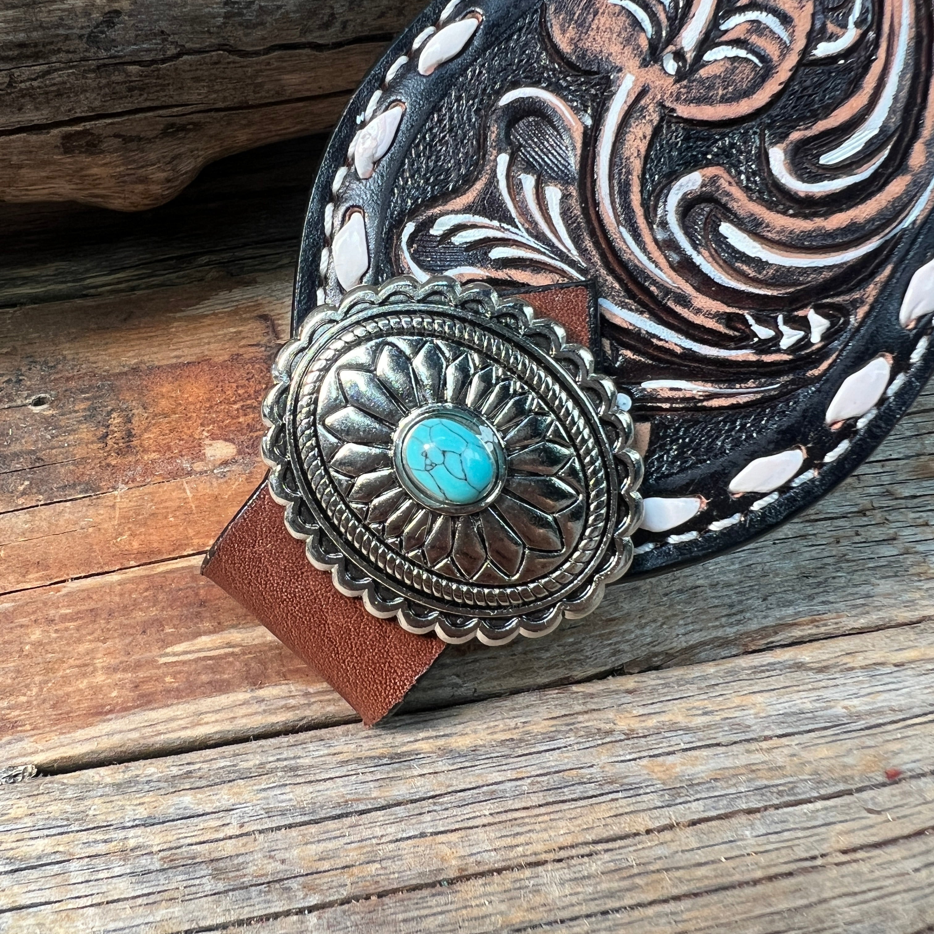 Dark Oil Buckstitch Bronc Noseband With Oval Turquoise Conchos