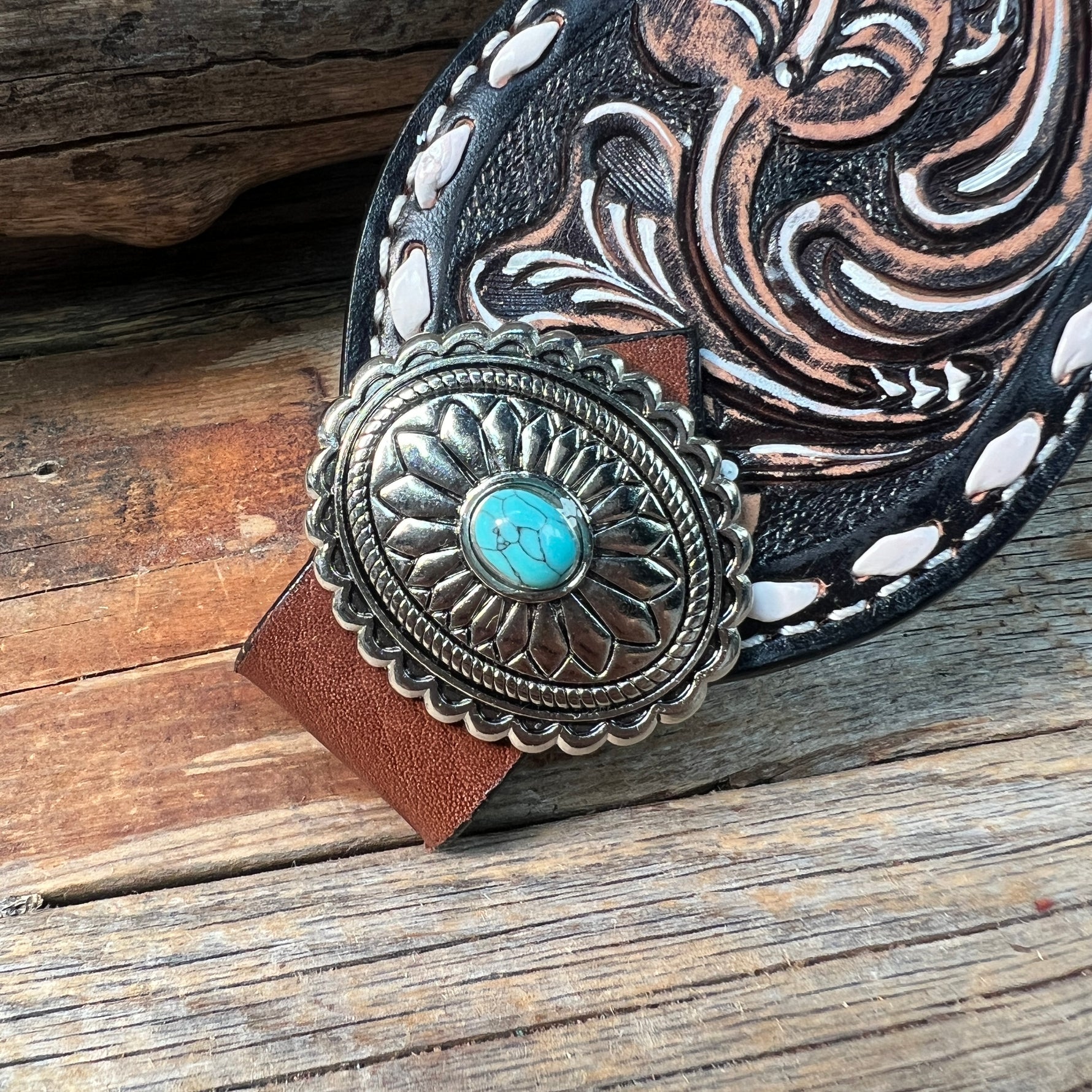 Dark Oil Buckstitch Bronc Noseband With Oval Turquoise Conchos