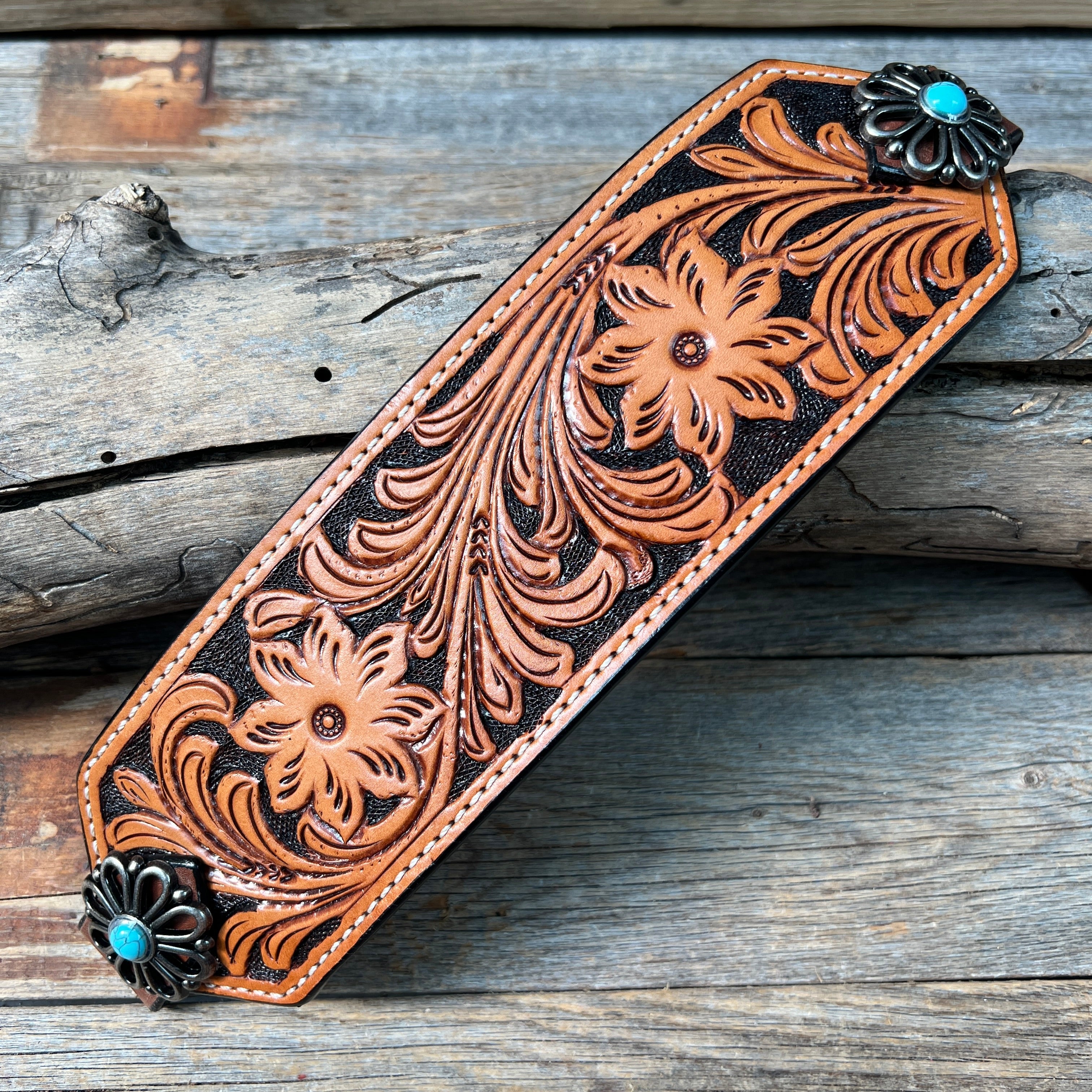 Light Oil Floral Bronc Noseband With Antique Silver Flower Conchos