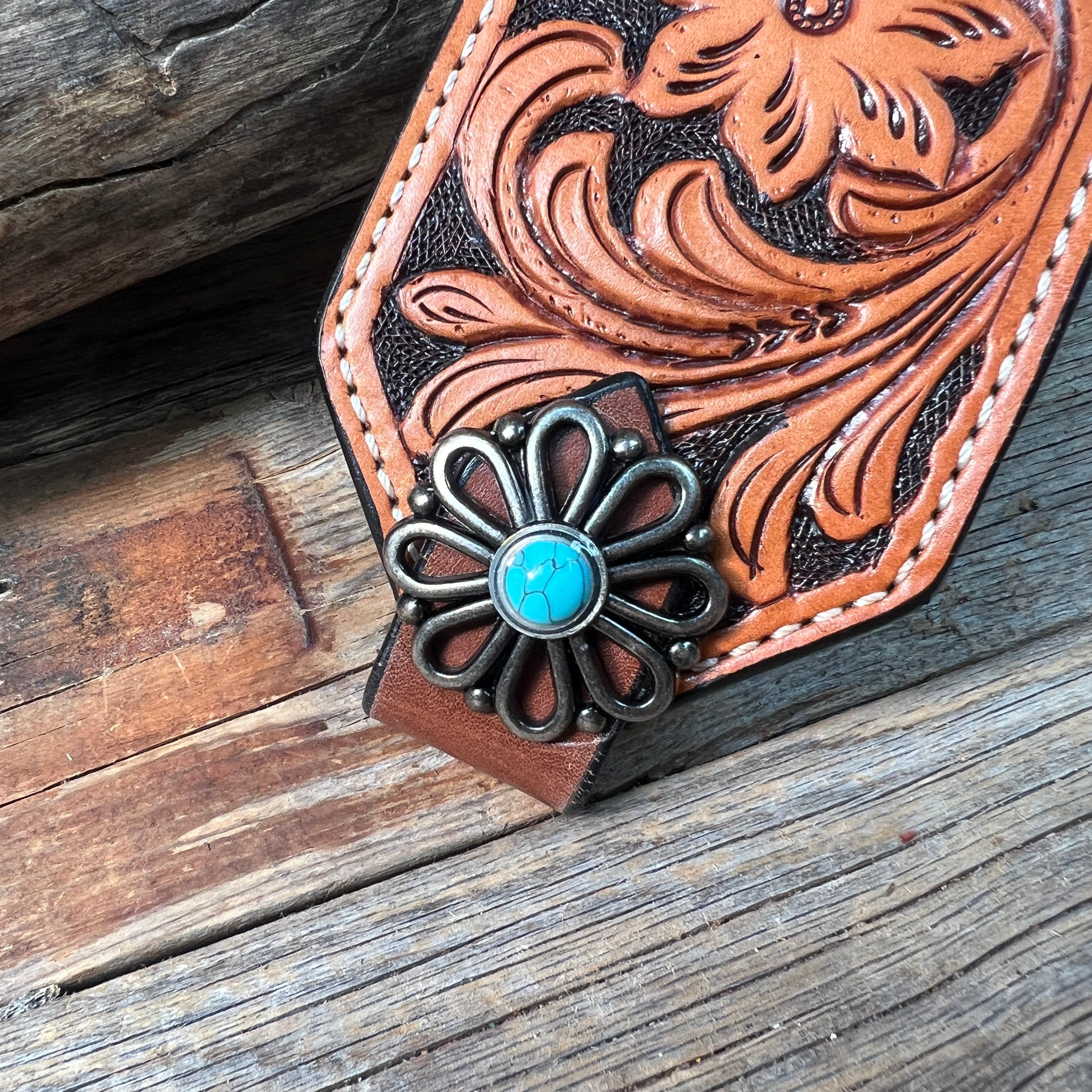 Light Oil Floral Bronc Noseband With Antique Silver Flower Conchos