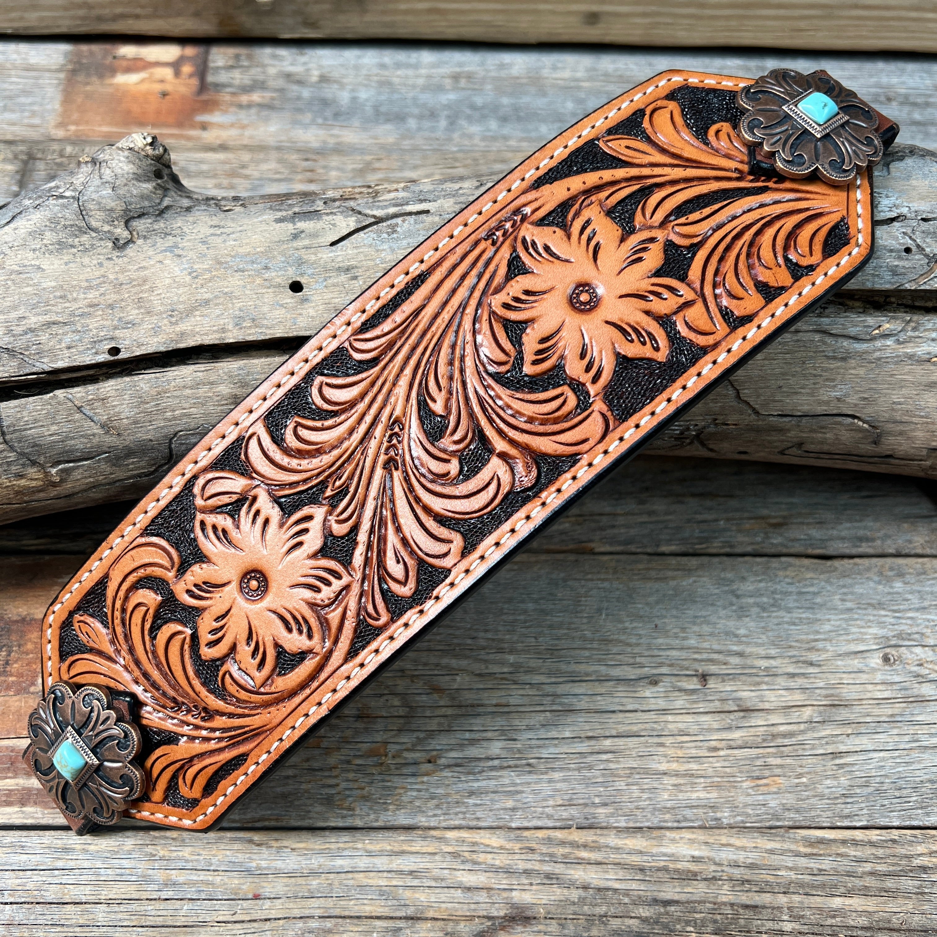 Light Oil Floral Bronc Noseband With Copper Fleur-De-Lis Conchos