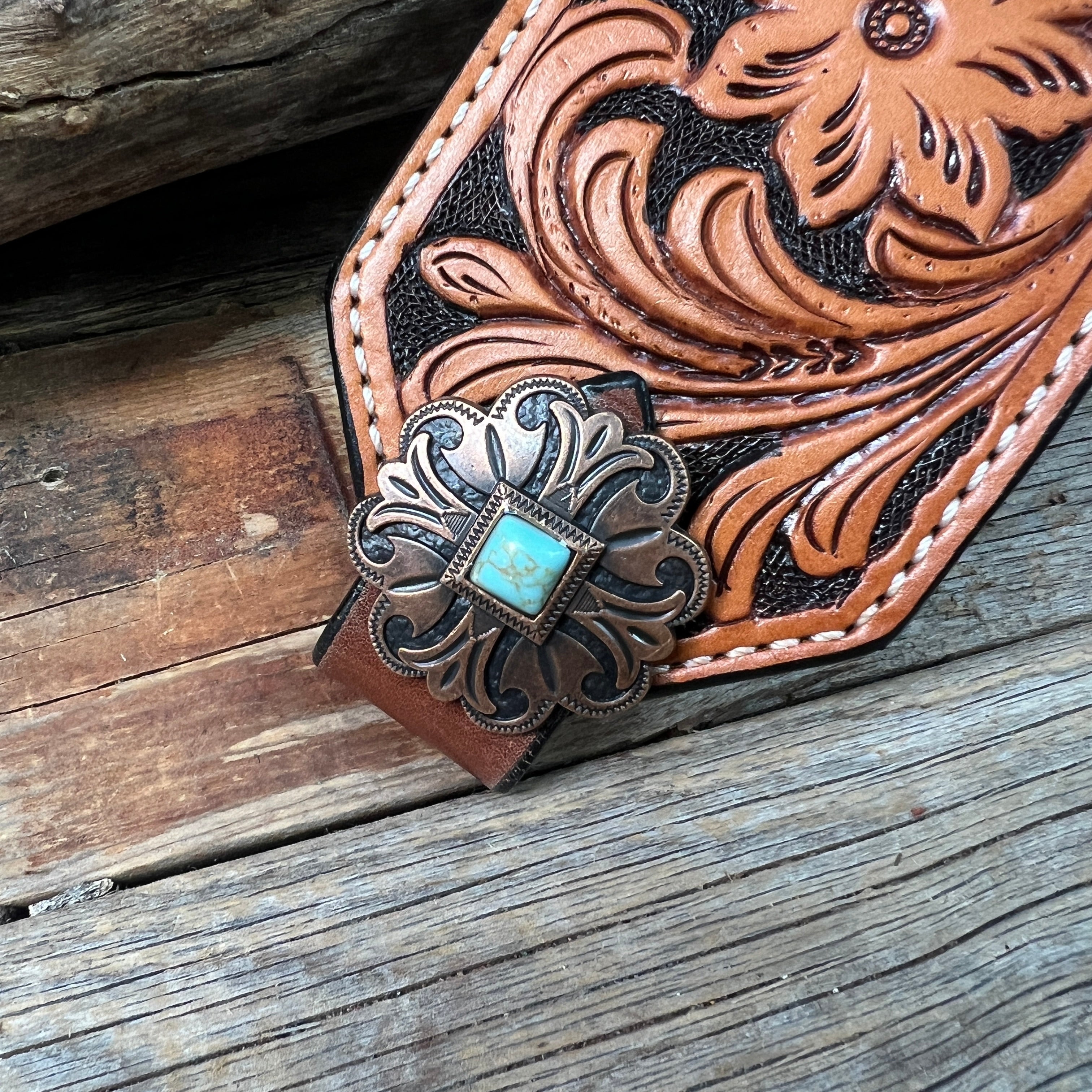 Light Oil Floral Bronc Noseband With Copper Fleur-De-Lis Conchos
