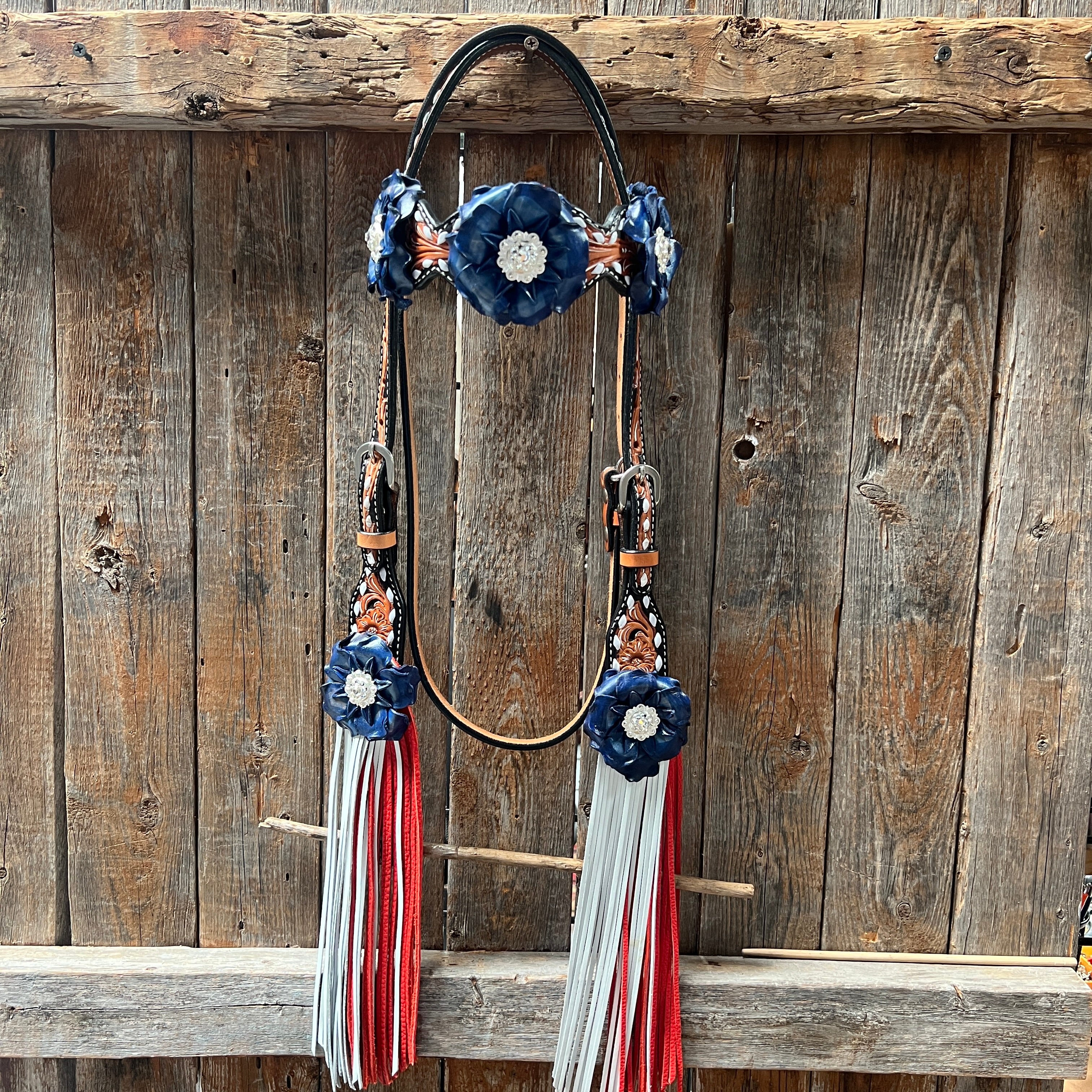 Classic Red, White and Blue Browband/One Ear Tack Set  #BBBC638