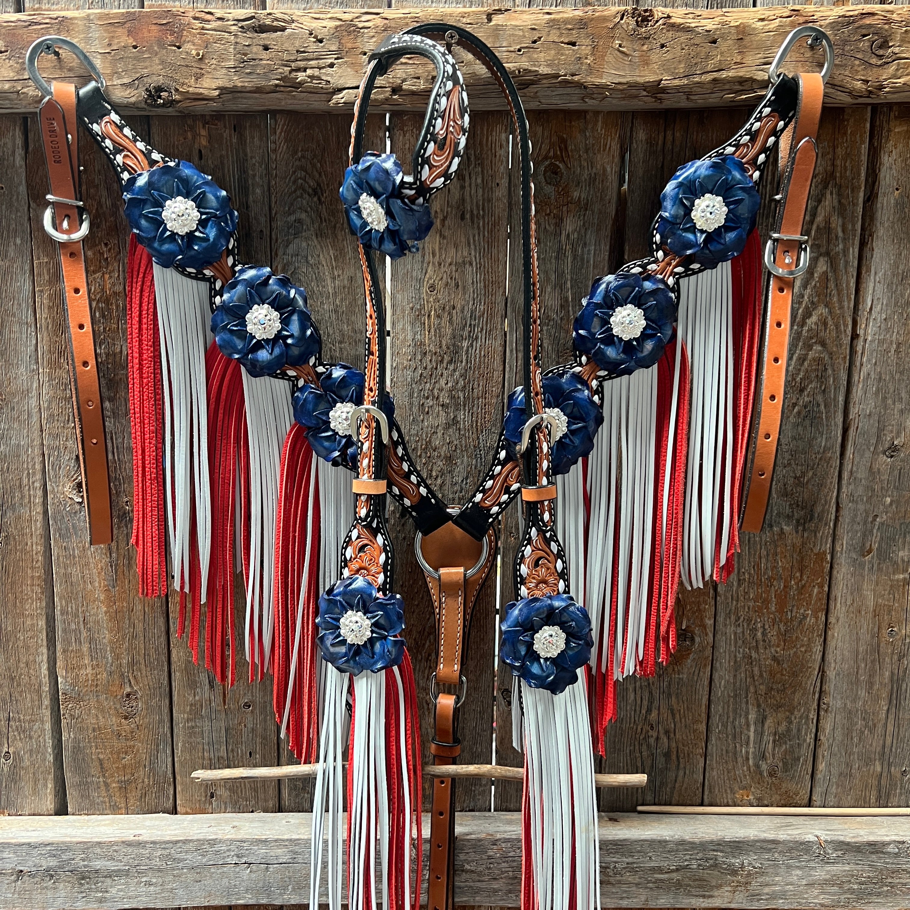 Classic Red, White and Blue Browband/One Ear Tack Set  #BBBC638
