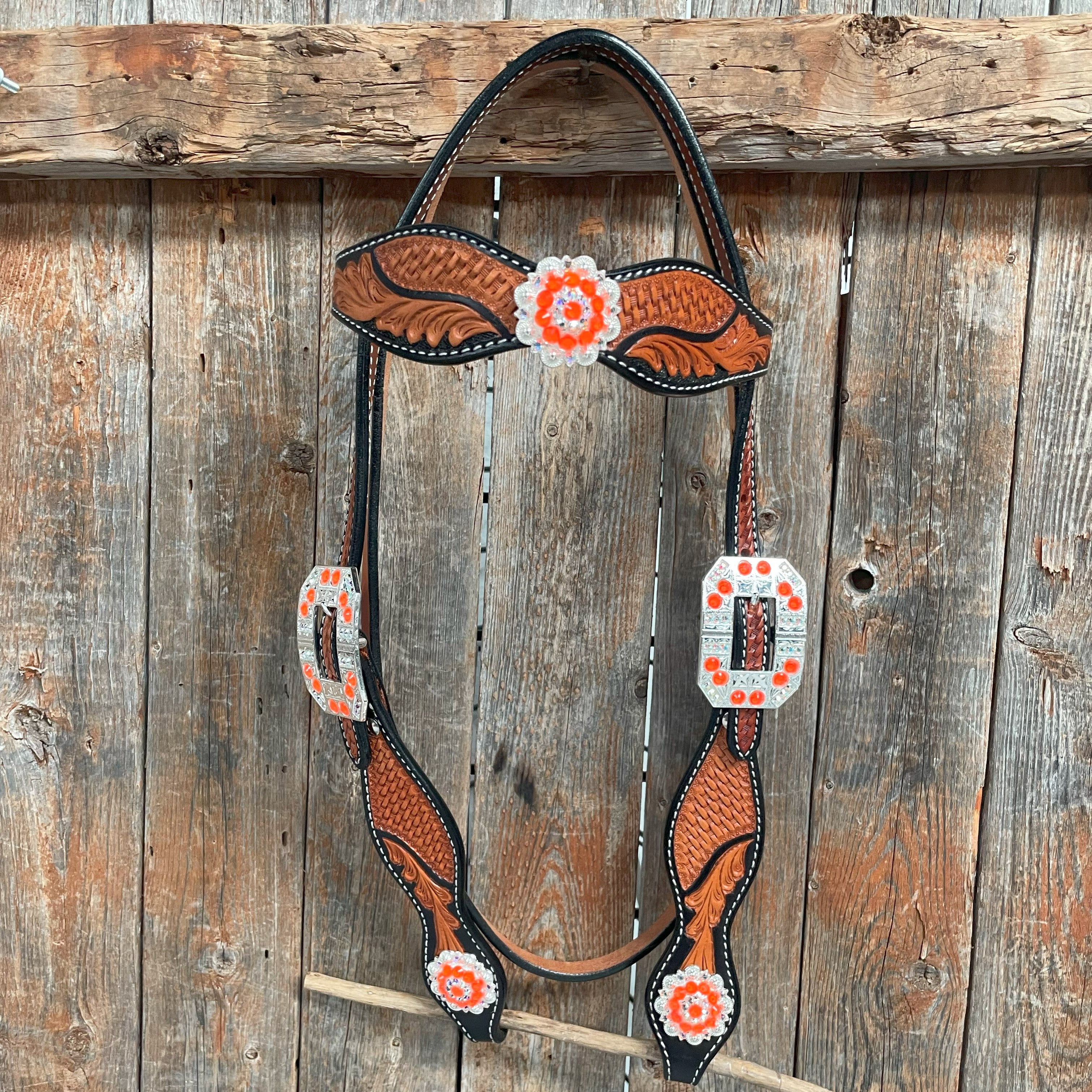 Two Tone Leaf Neon Orange Browband/One Ear Headstall & Breastcollar Tack Set #BBBC568