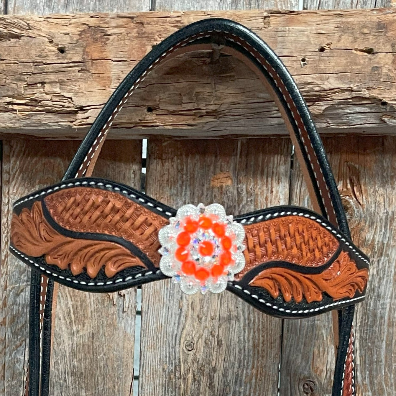Two Tone Leaf Neon Orange Browband/One Ear Headstall & Breastcollar Tack Set #BBBC568