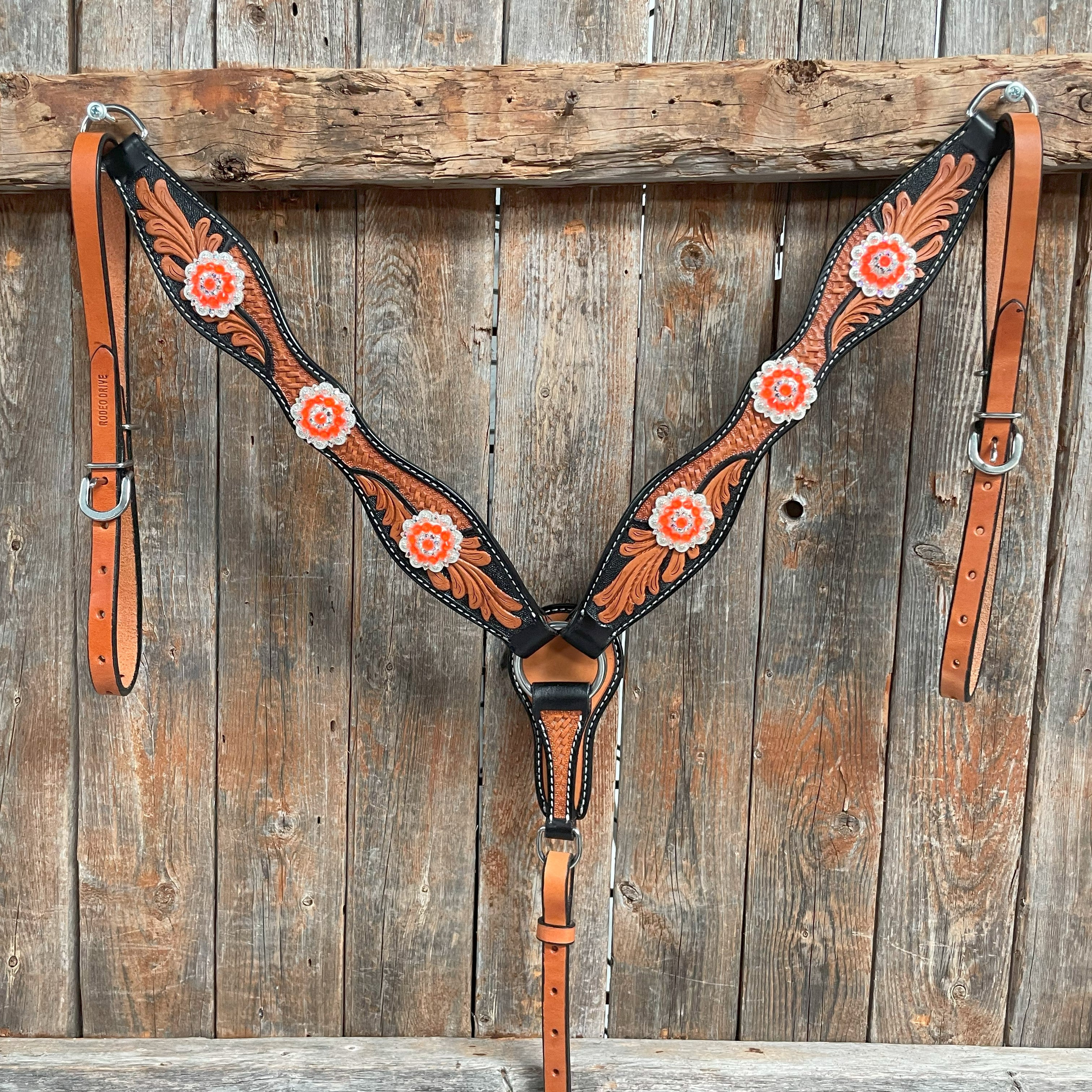 Two Tone Leaf Neon Orange Browband/One Ear Headstall & Breastcollar Tack Set #BBBC568