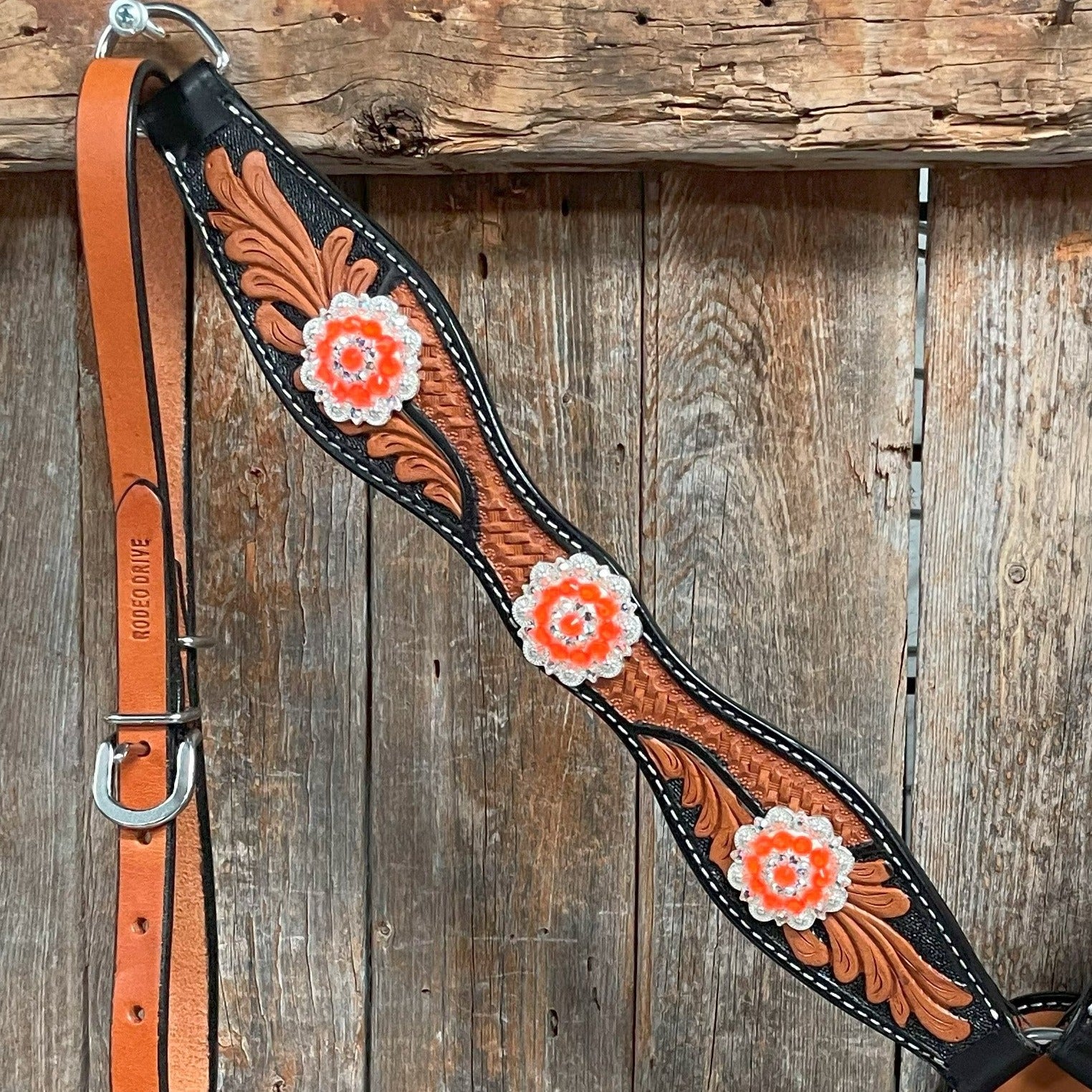 Two Tone Leaf Neon Orange Browband/One Ear Headstall & Breastcollar Tack Set #BBBC568