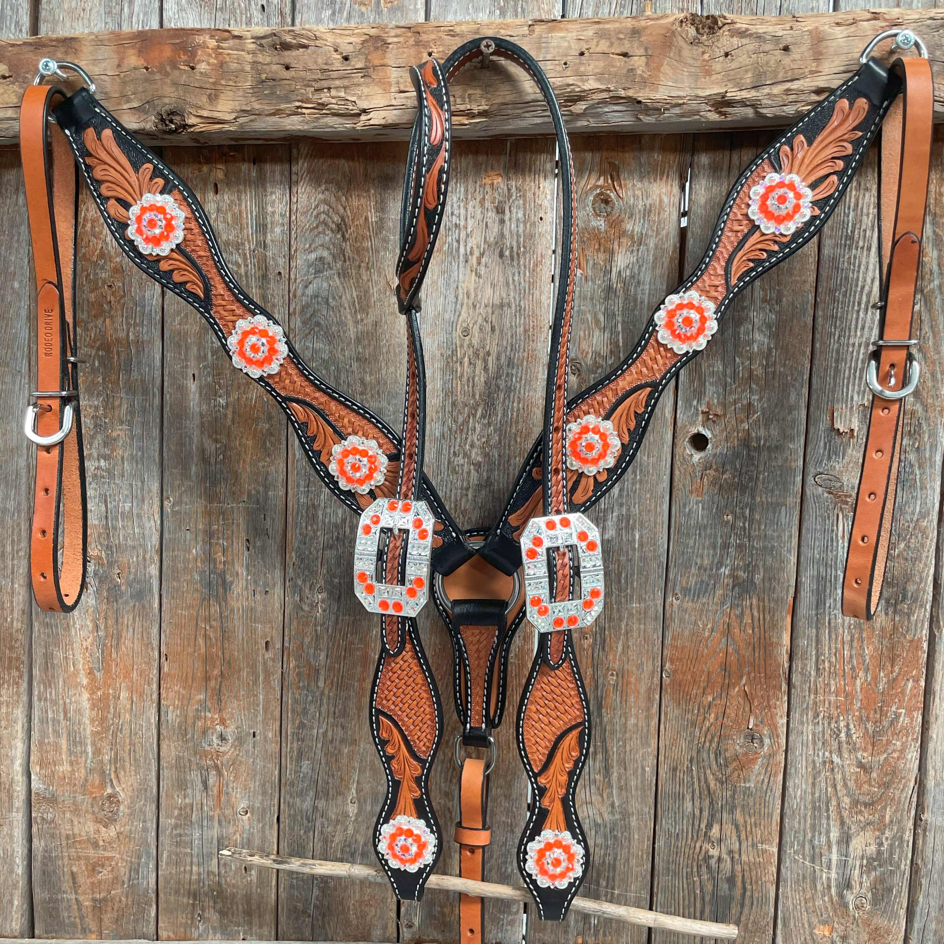 Two Tone Leaf Neon Orange Browband/One Ear Headstall & Breastcollar Tack Set #BBBC568