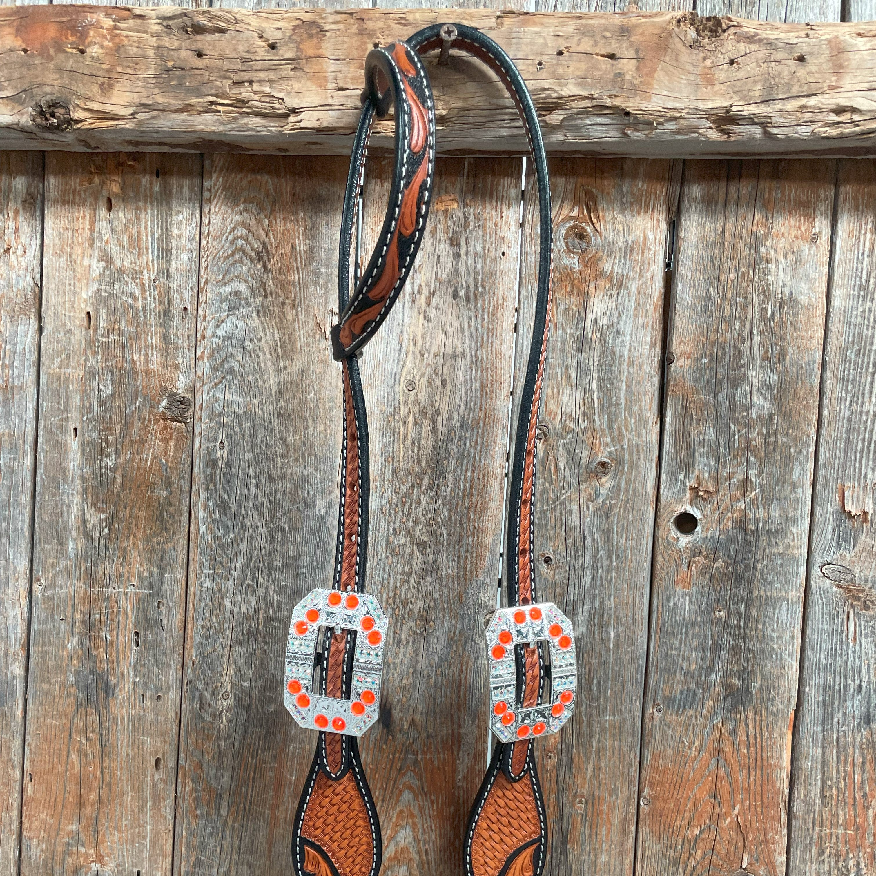 Two Tone Leaf Neon Orange Browband/One Ear Headstall & Breastcollar Tack Set #BBBC568