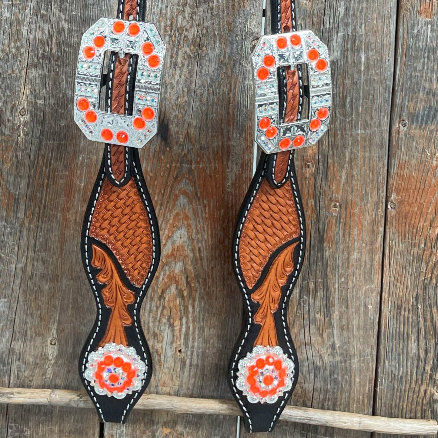 Two Tone Leaf Neon Orange Browband/One Ear Headstall & Breastcollar Tack Set #BBBC568