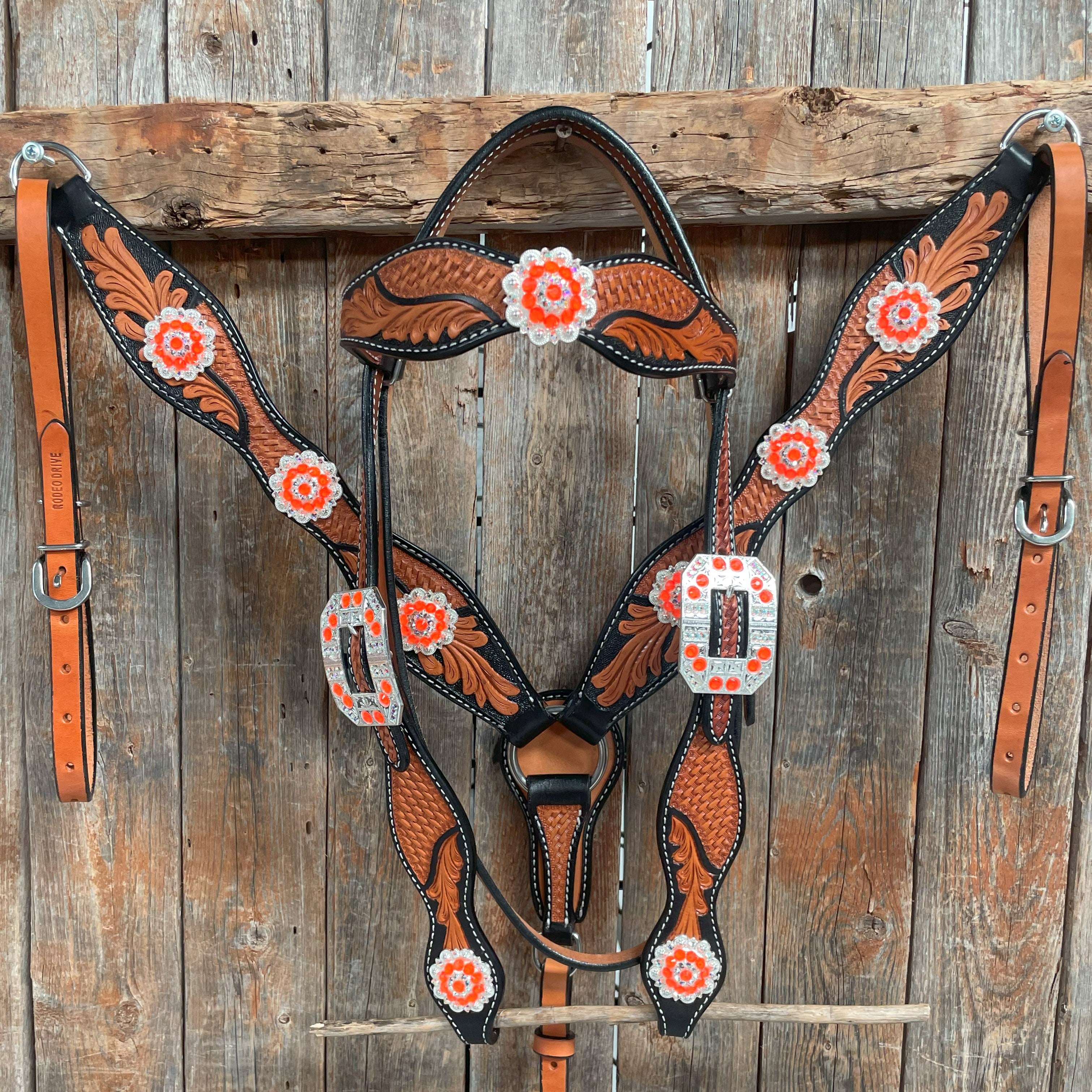 Two Tone Leaf Neon Orange Browband/One Ear Headstall & Breastcollar Tack Set #BBBC568