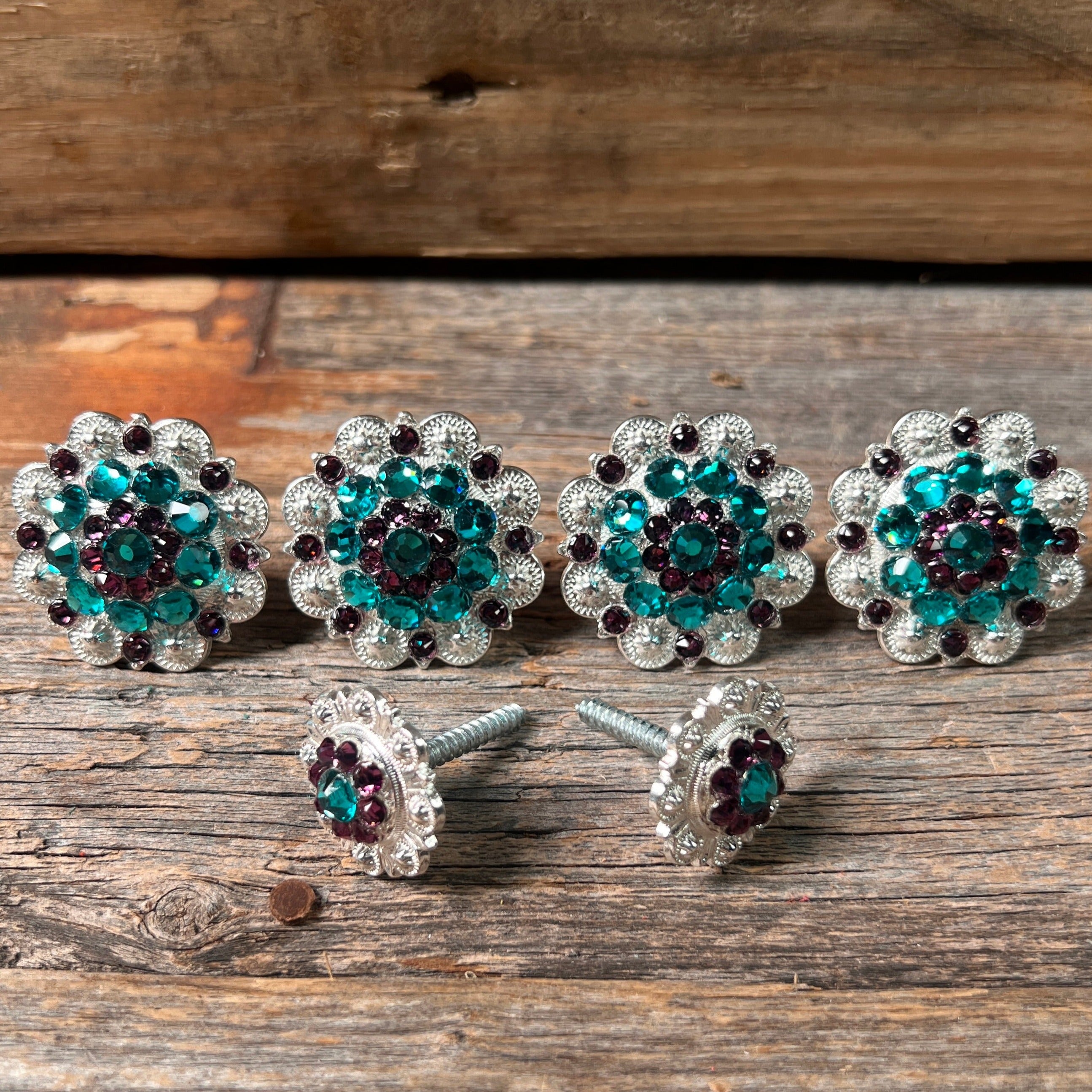 Bright Silver Teal & Amethyst Saddle Conchos