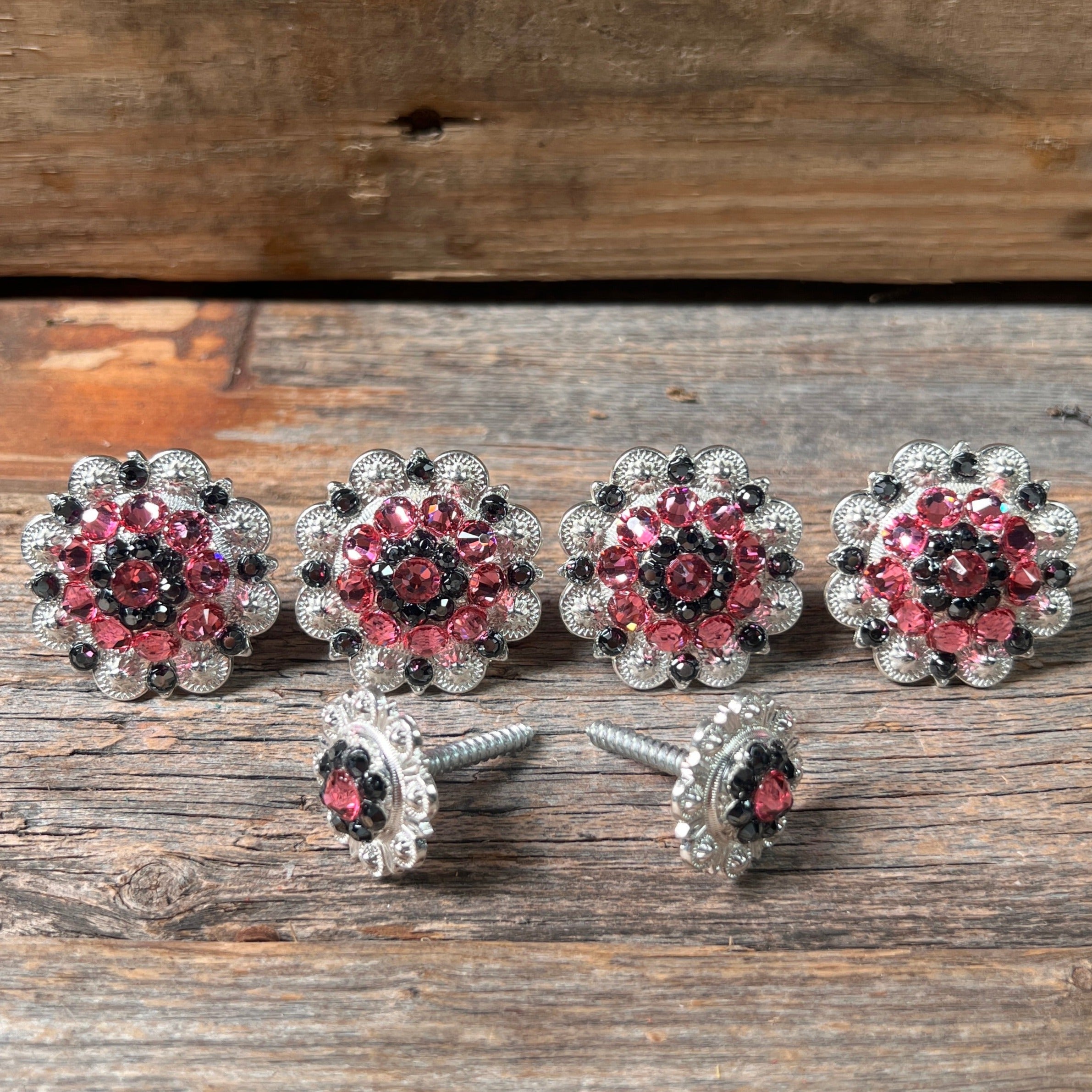 Bright Silver Pink & Jet Saddle Conchos