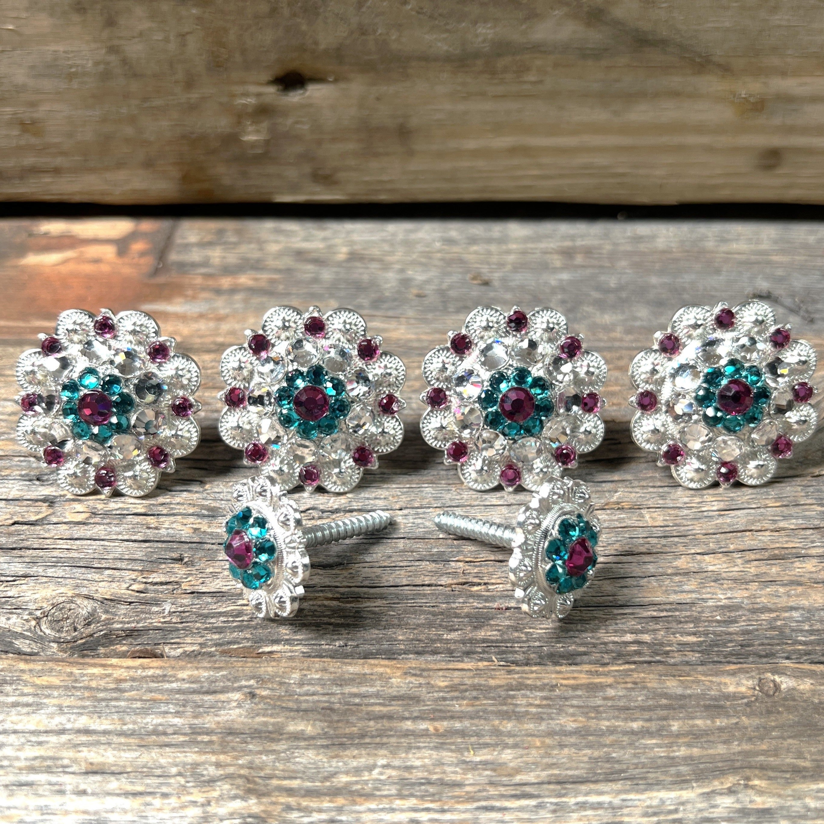 Bright Silver Fuchsia Teal & Clear Saddle Conchos