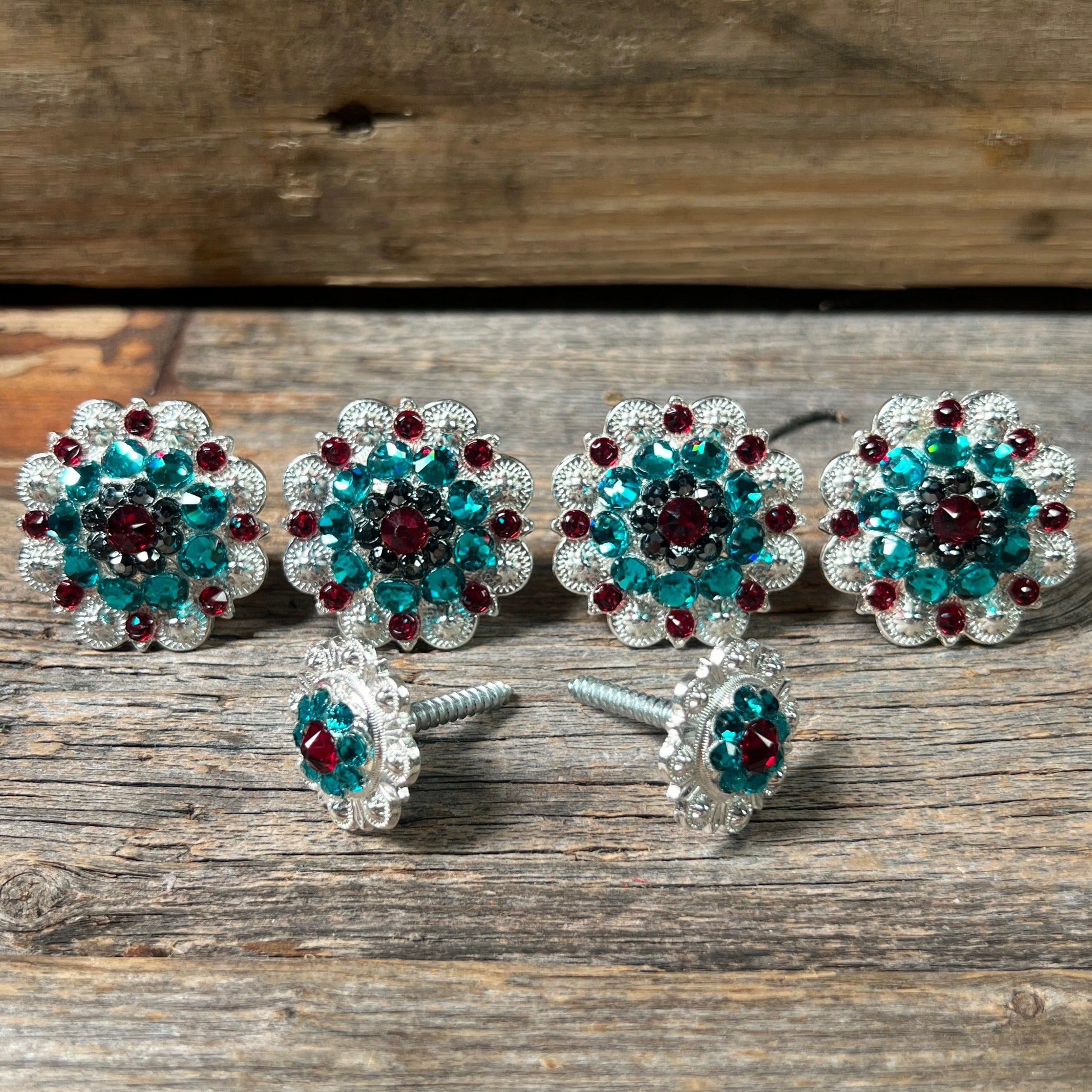 Bright Silver Ruby Jet & Teal Saddle Conchos