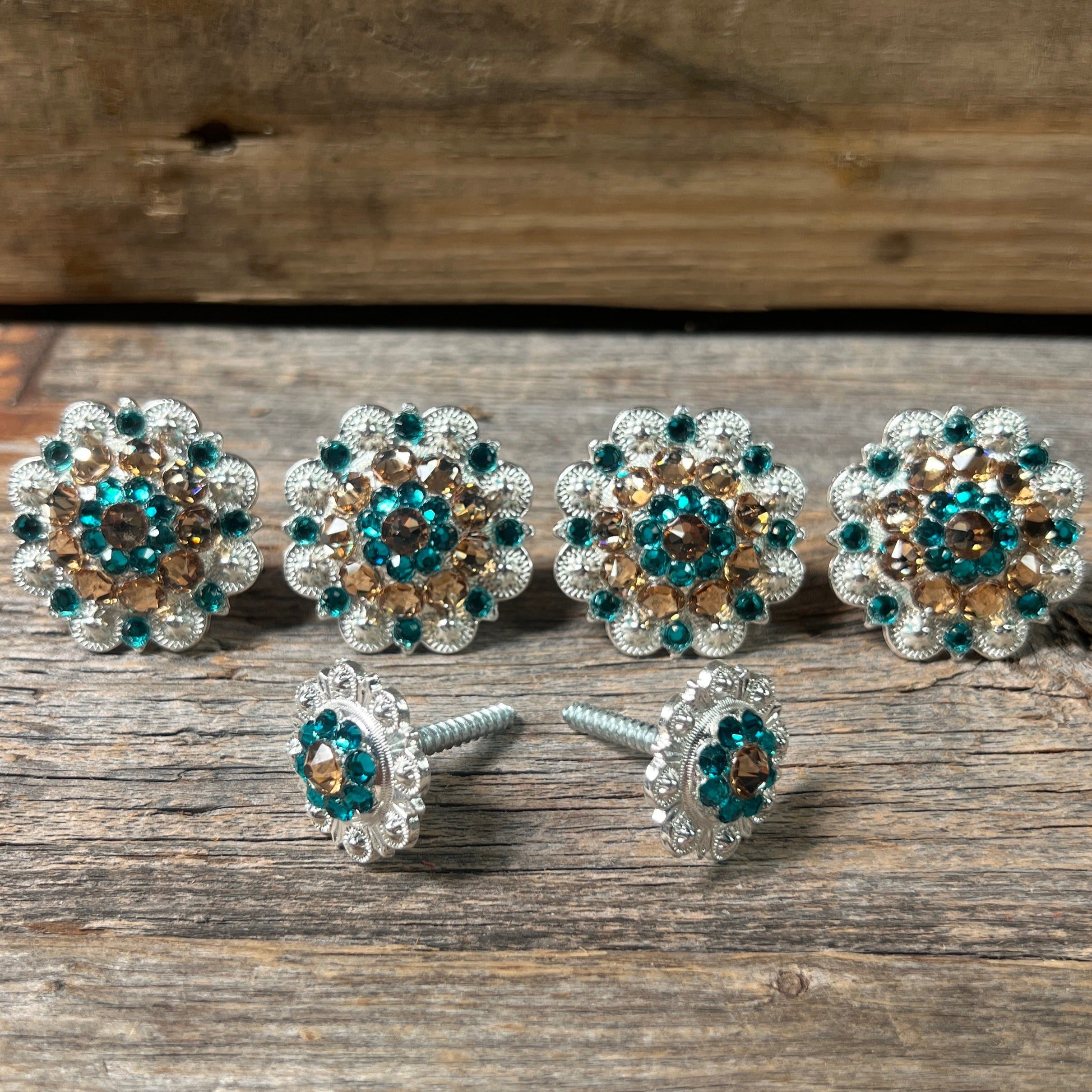 Bright Silver Champagne & Teal Saddle Conchos