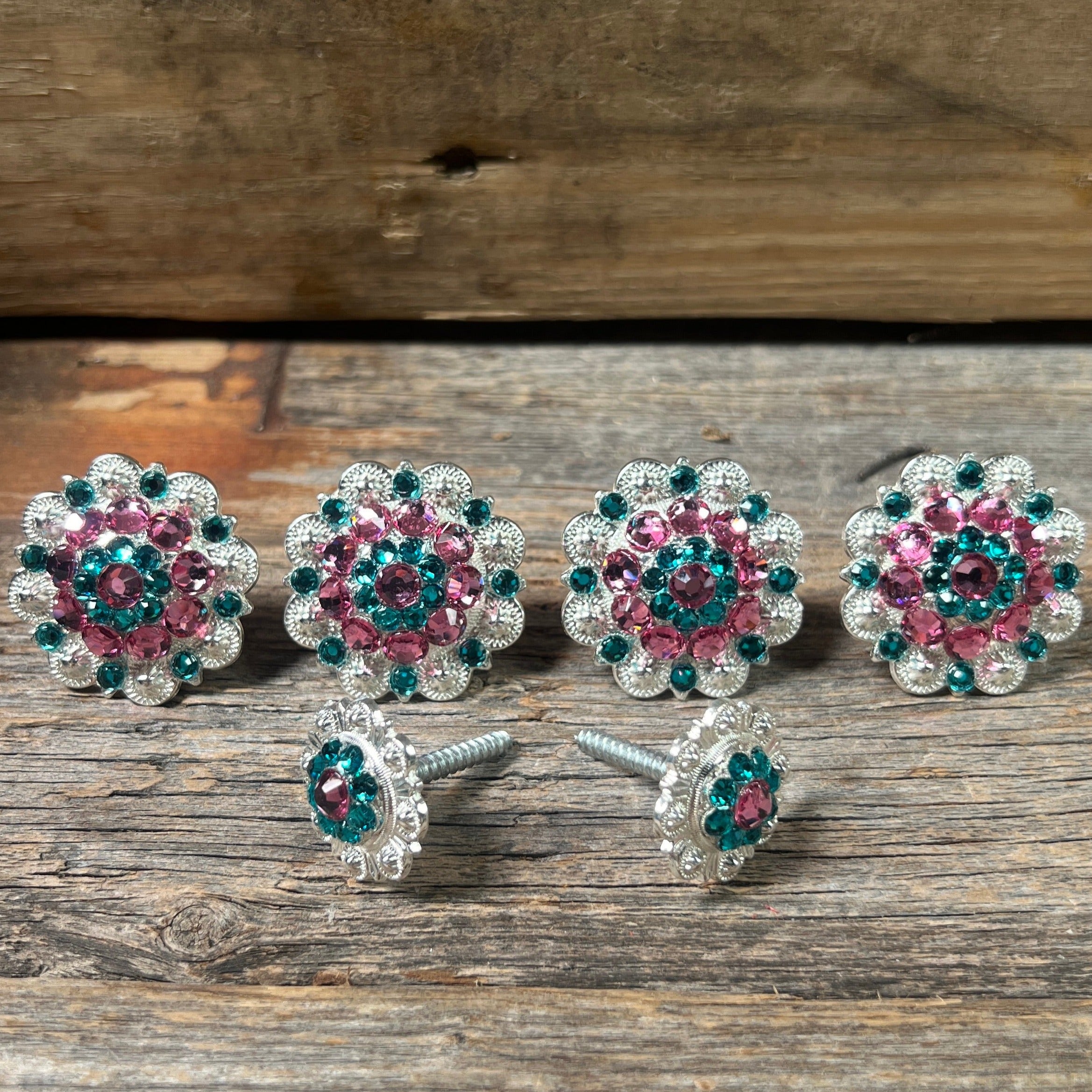 Bright Silver Pink & Teal Saddle Conchos