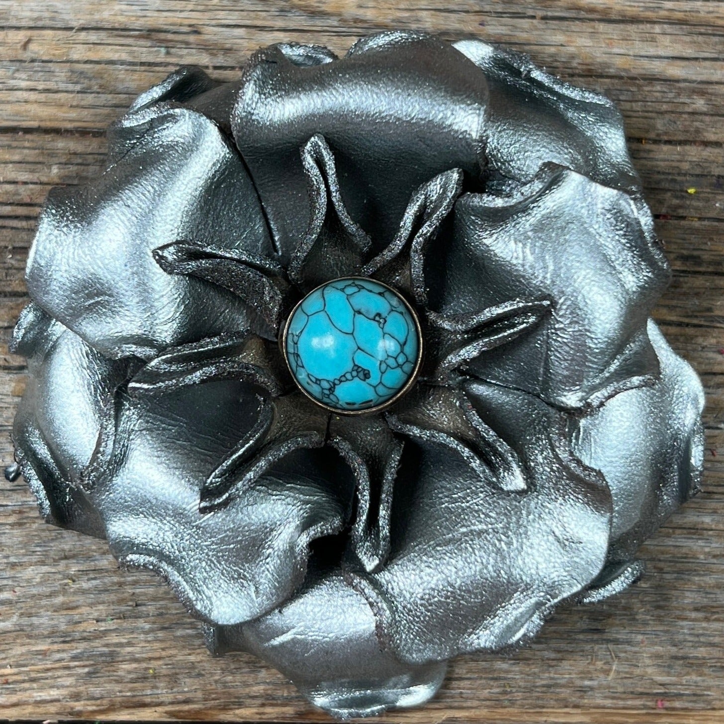 Silver Gardenia Flower With Round Turquoise Cabochon