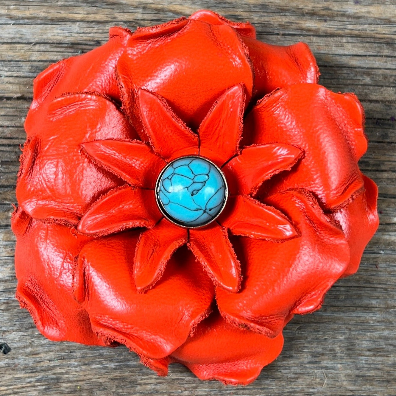 Neon Orange Gardenia Flower With Round Turquoise Cabochon