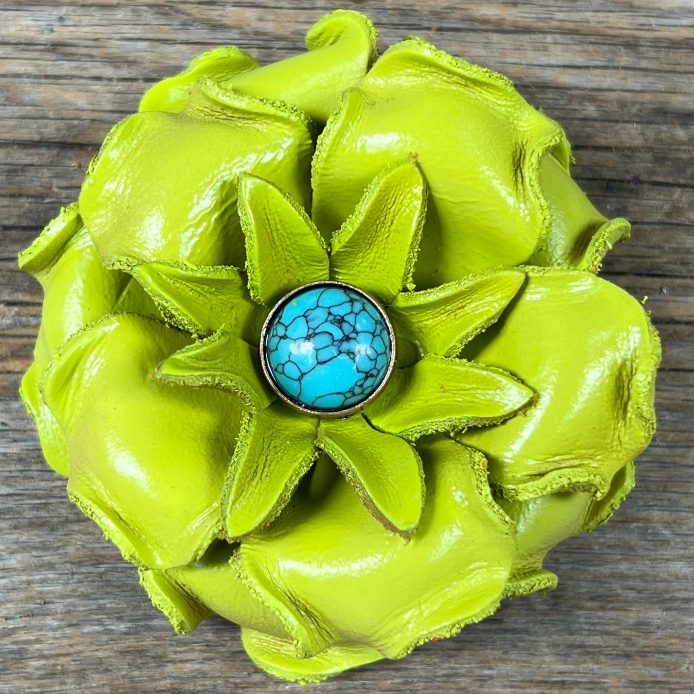 Lime Gardenia Flower With Round Turquoise Cabochon