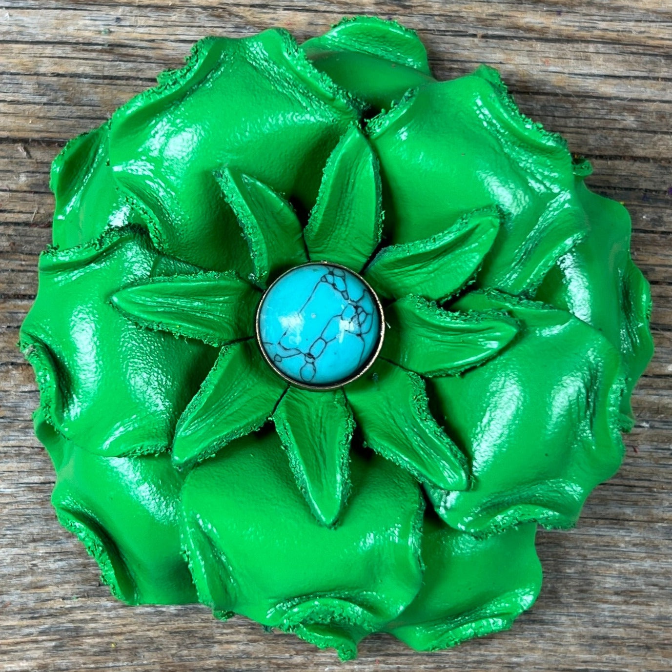 Hand Painted Leather Flowers - Gardenias - Round Turquoise Cabochons
