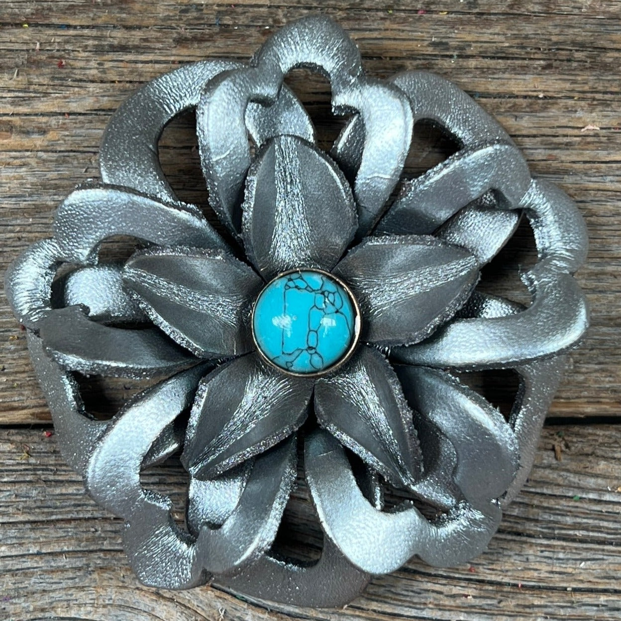 Hand Painted Leather Flowers - Lotus - Round Turquoise Cabochons