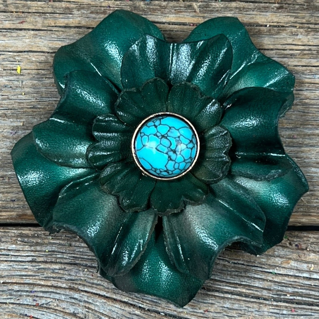 Hand Painted Leather Flowers - Carnations - Round Turquoise Cabochons
