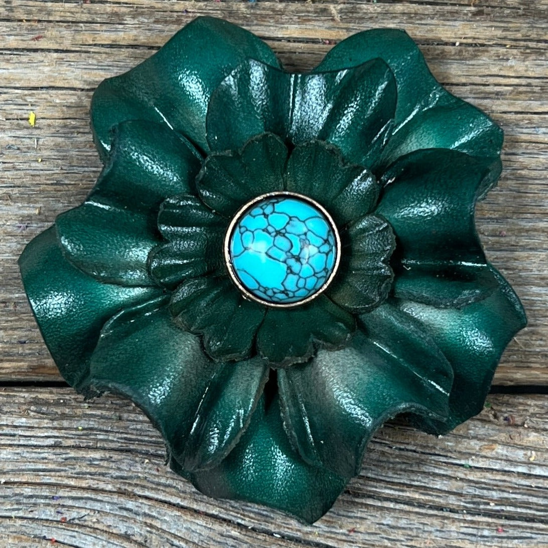 Green Carnation Flower With Round Turquoise Cabochon