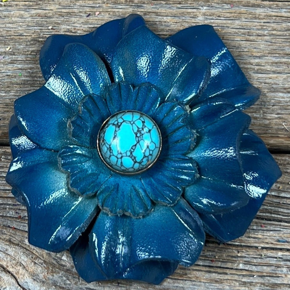 Hand Painted Leather Flowers - Carnations - Round Turquoise Cabochons