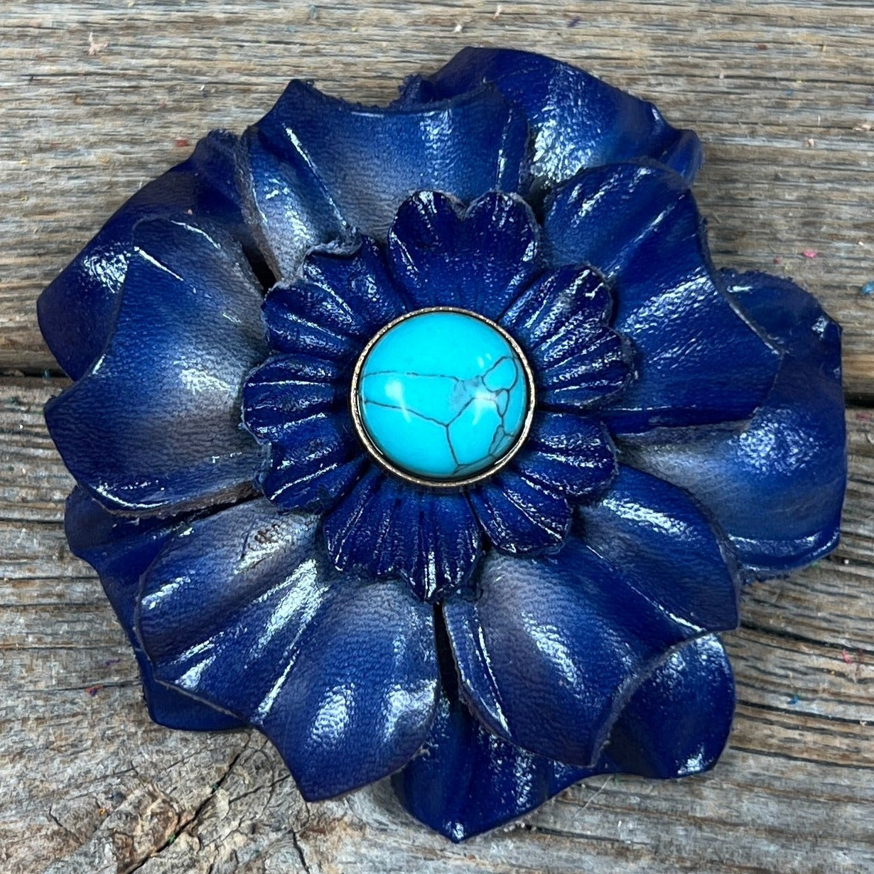 Blue Carnation Flower With Round Turquoise Cabochon