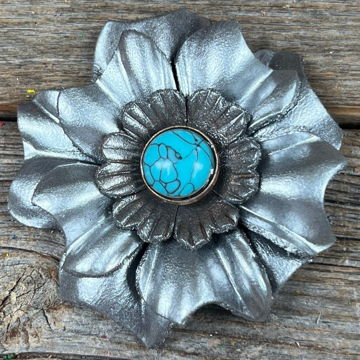 Hand Painted Leather Flowers - Carnations - Round Turquoise Cabochons