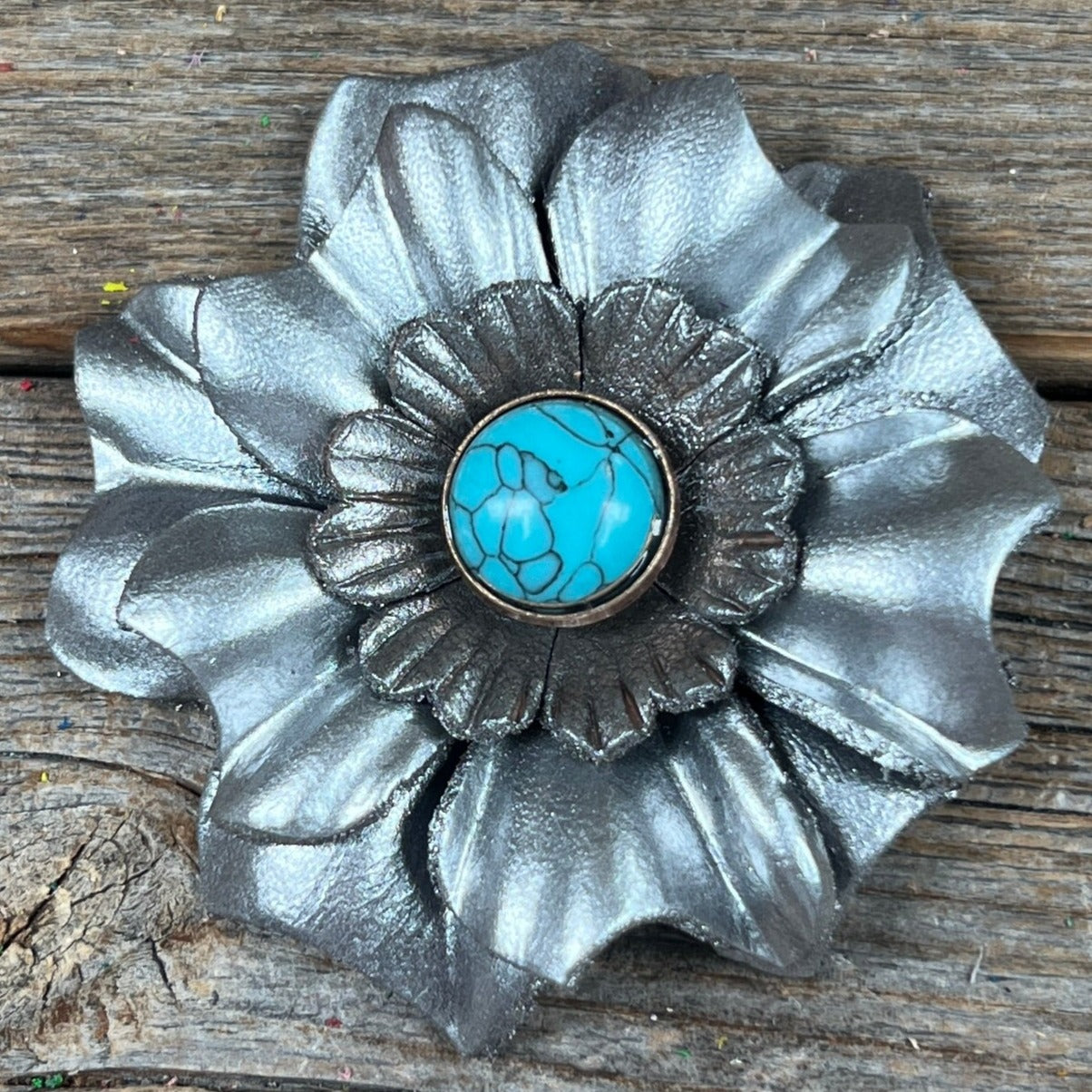 Silver Carnation Flower With Round Turquoise Cabochon