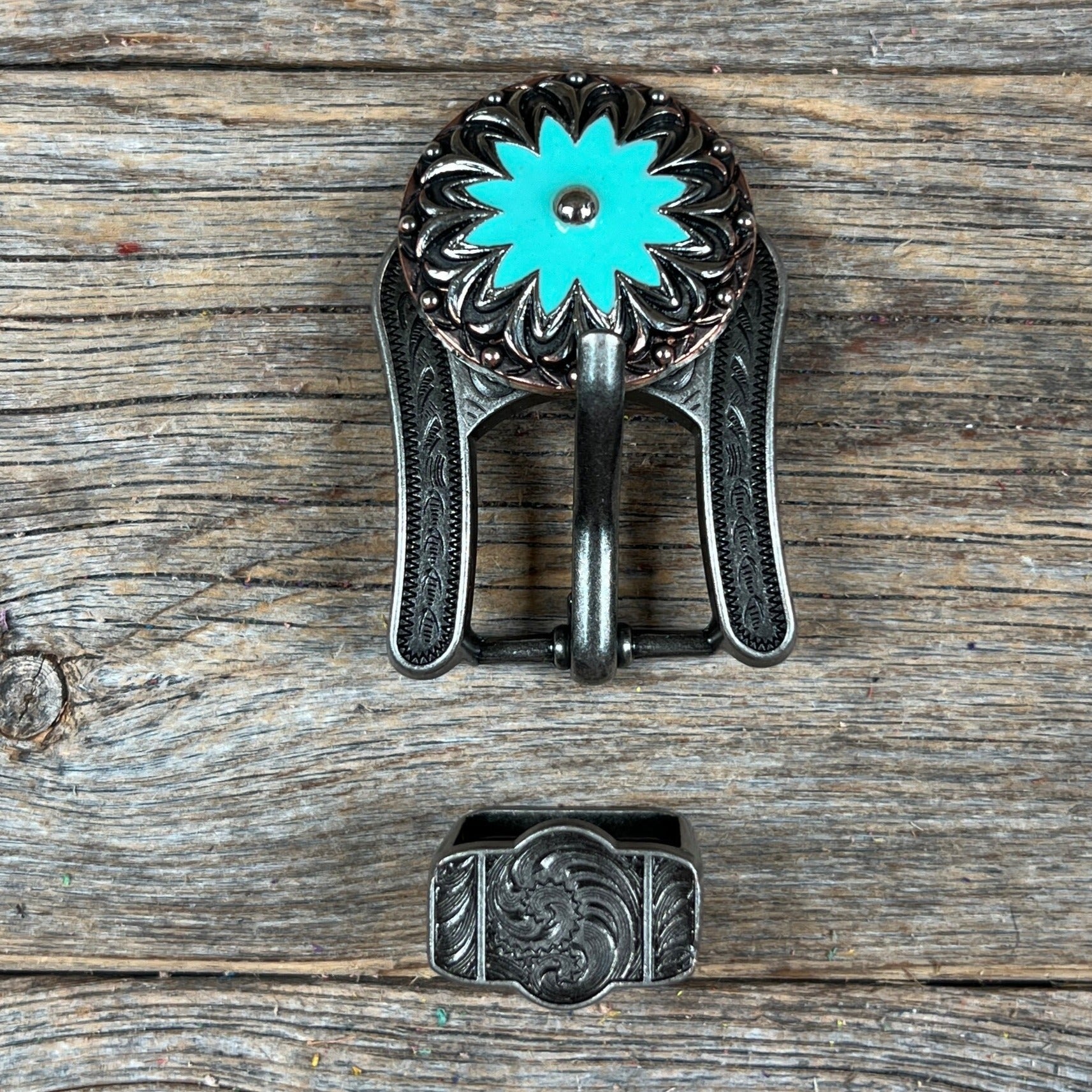 Copper & Antique Silver Turquoise Flower Western Concho W122