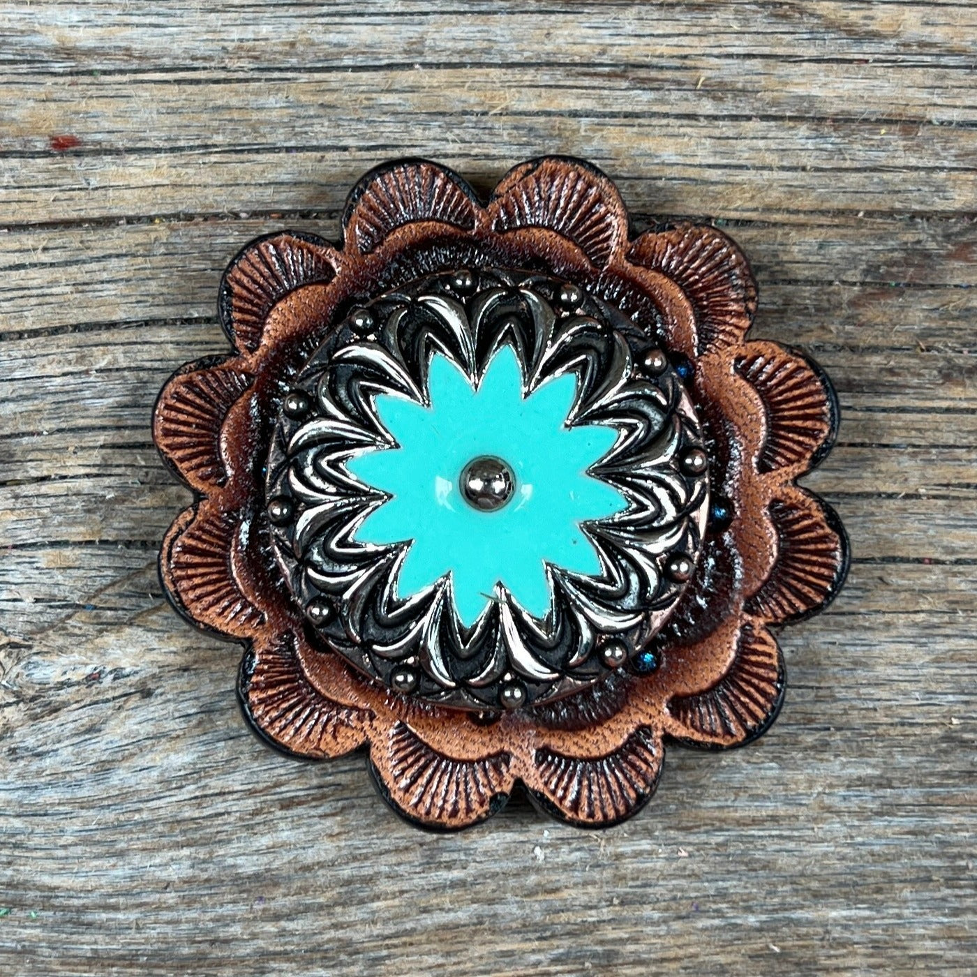 Copper & Antique Silver Turquoise Flower Western Concho W122