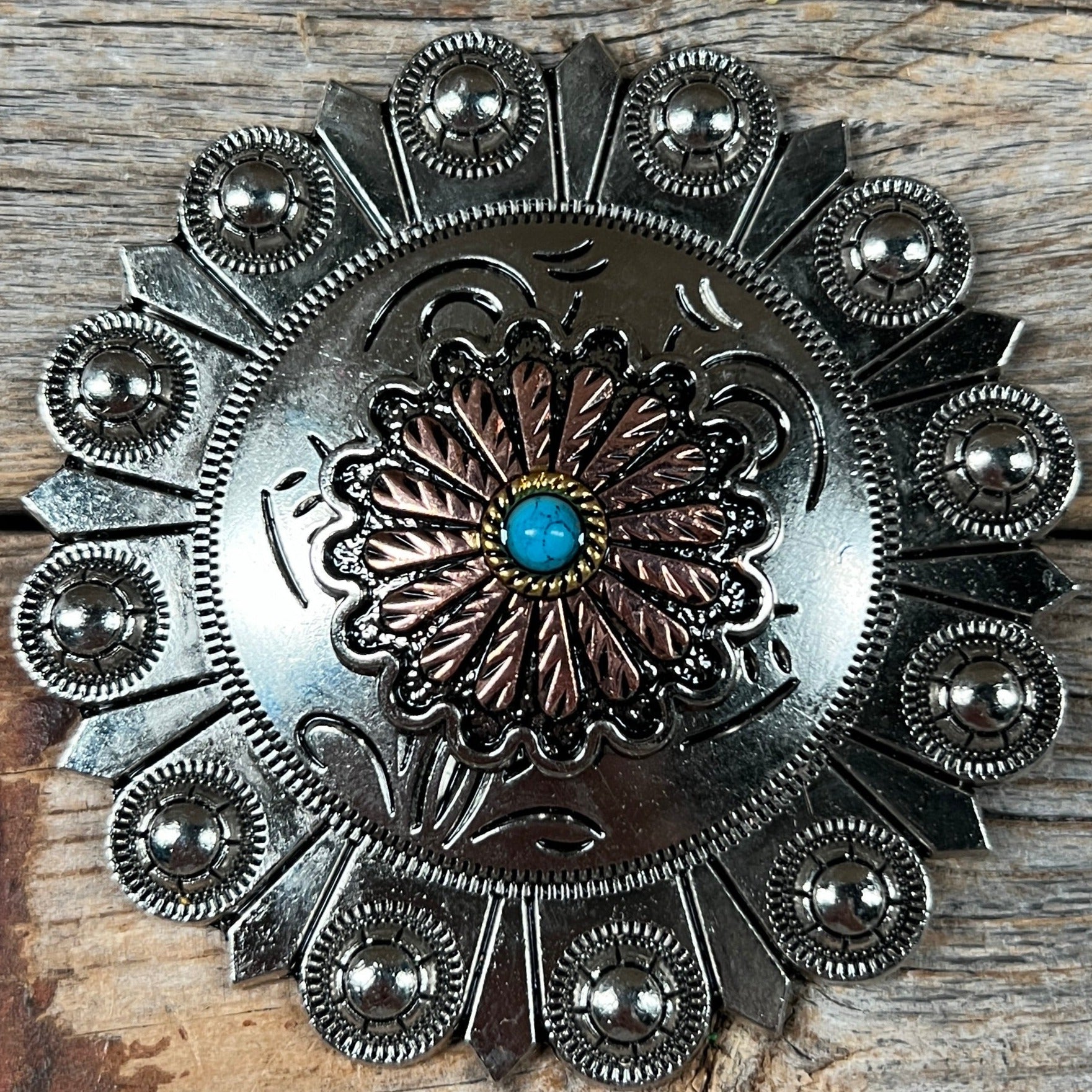 Antique Silver and Copper Floral Western Concho W220