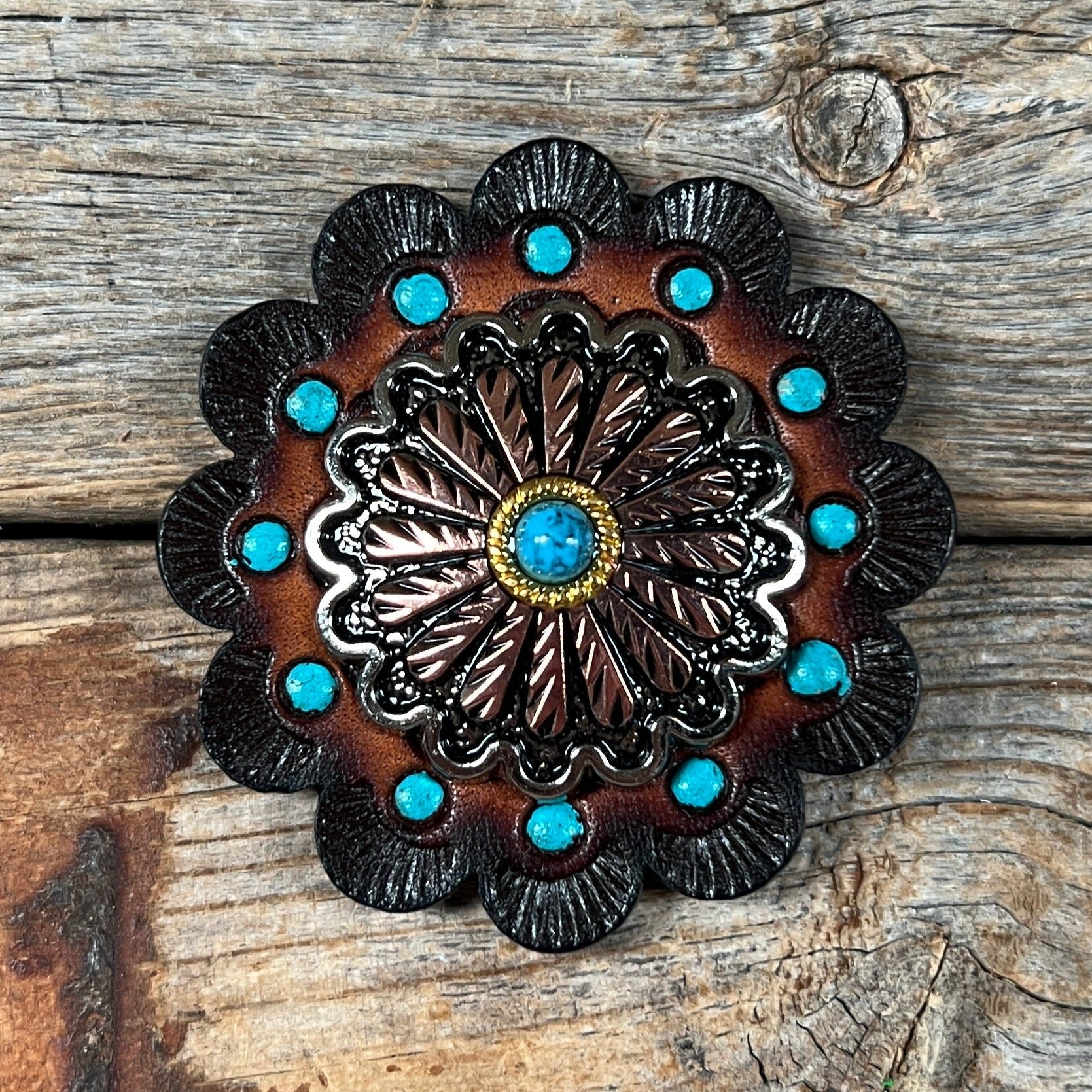 Antique Silver and Copper Floral Western Concho W220