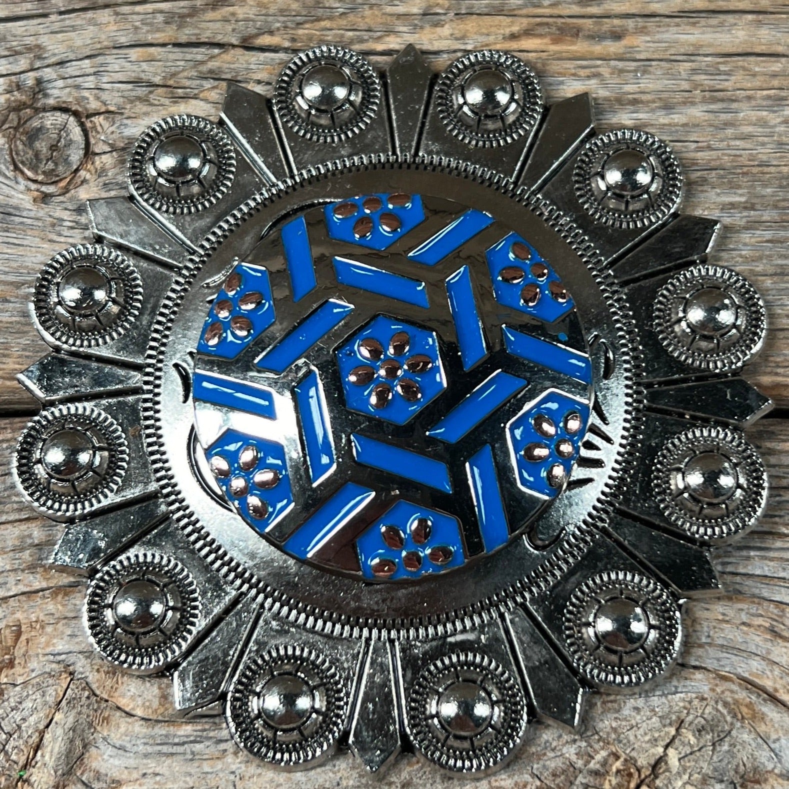 Antique Silver Blue Geometric Western Concho W236