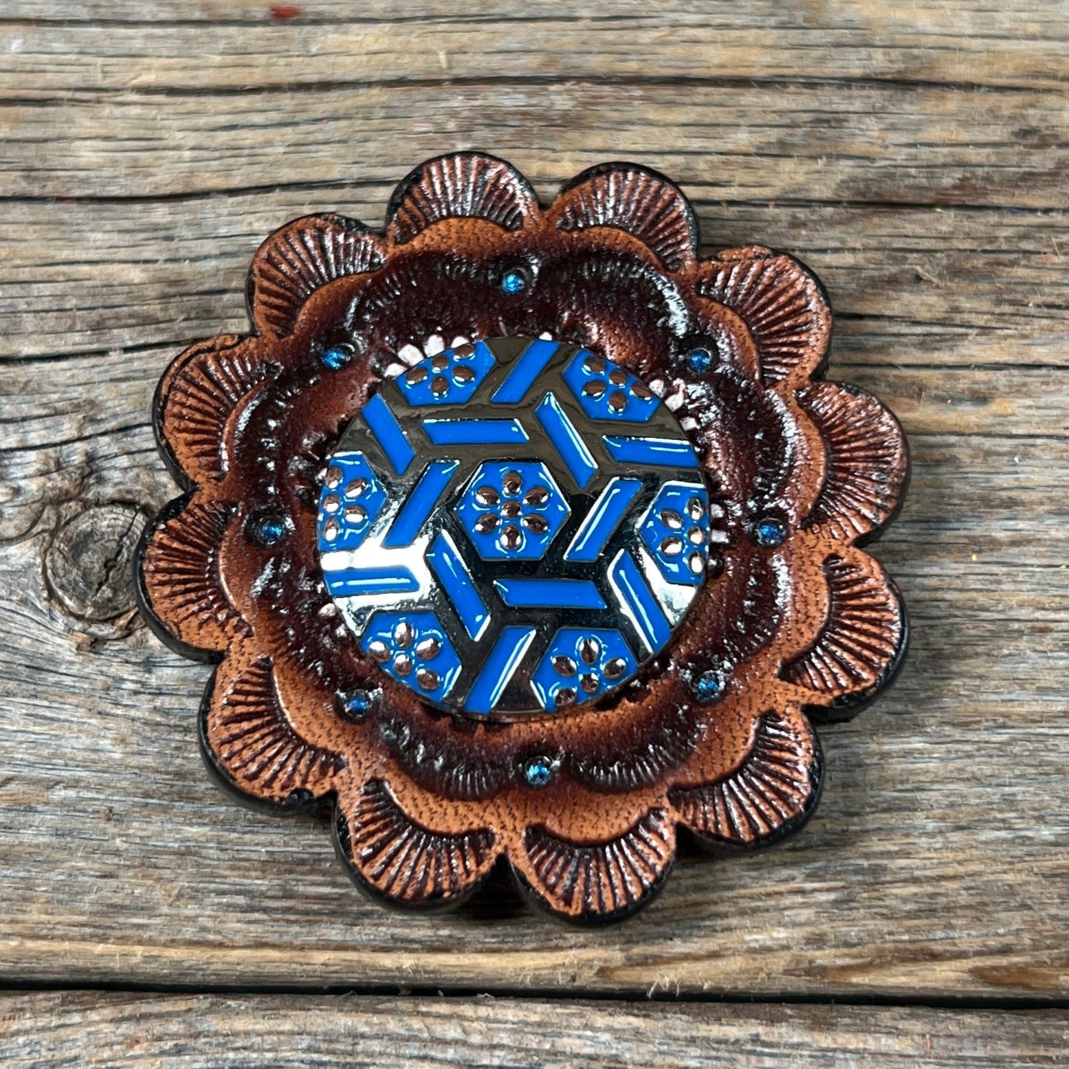 Antique Silver Blue Geometric Western Concho W236