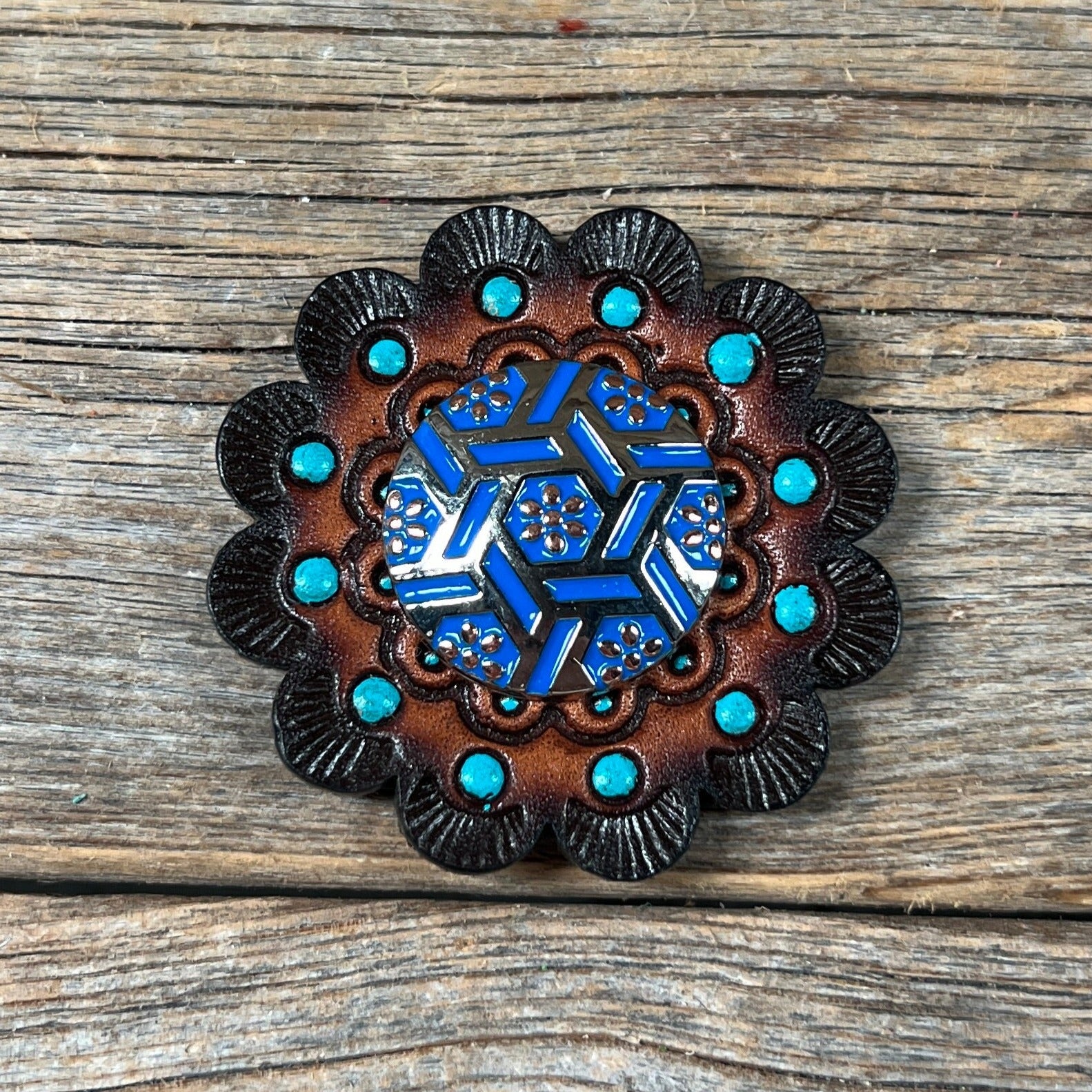 Antique Silver Blue Geometric Western Concho W236