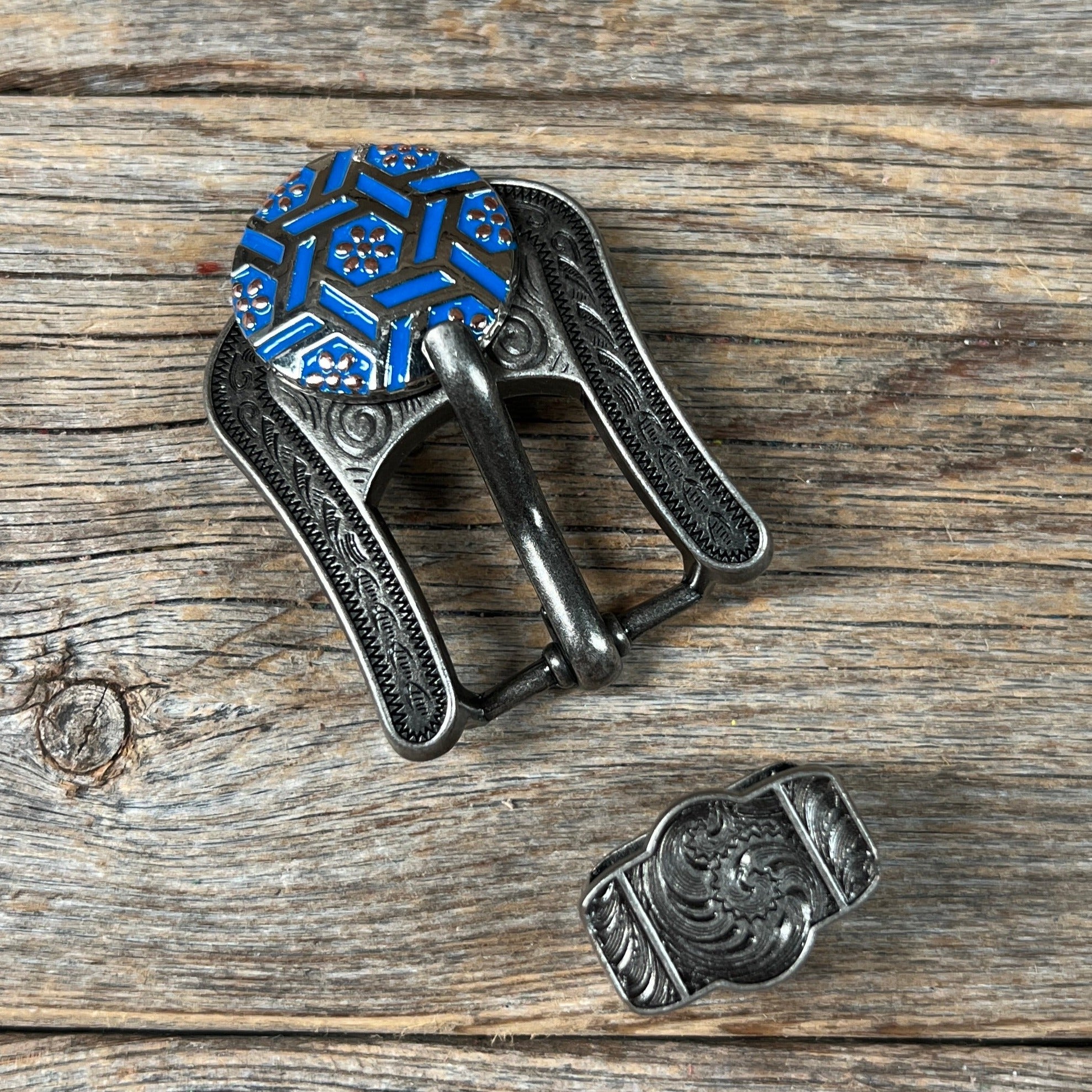 Antique Silver Blue Geometric Western Concho W236