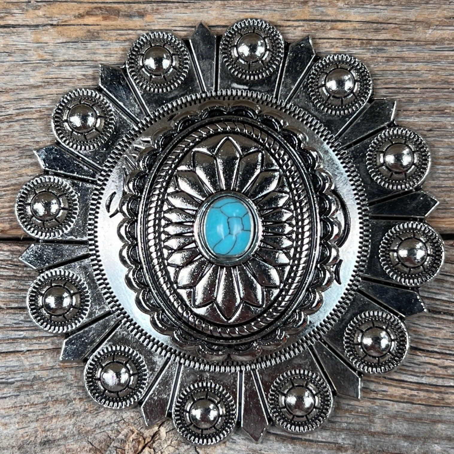 Antique Silver Oval Floral Turquoise Western Concho W237