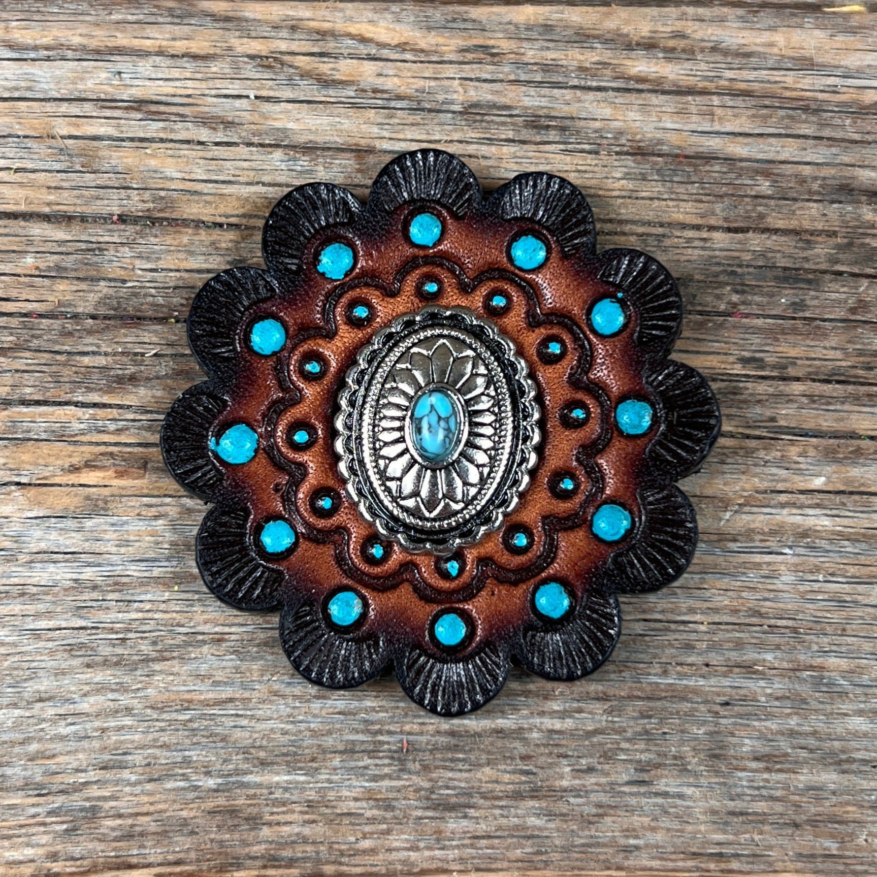 Antique Silver Oval Floral Turquoise Western Concho W237