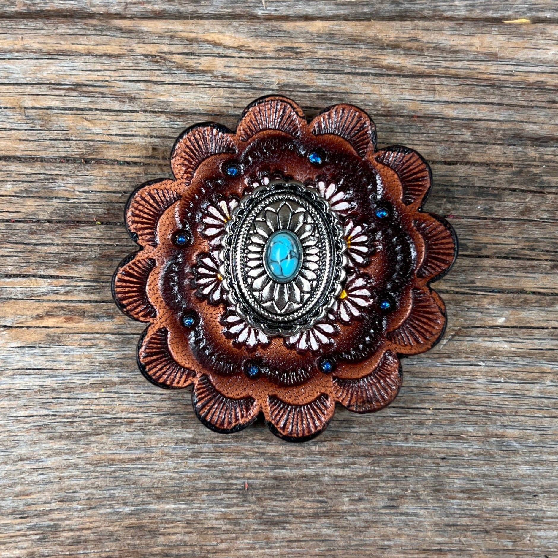 Antique Silver Oval Floral Turquoise Western Concho W237