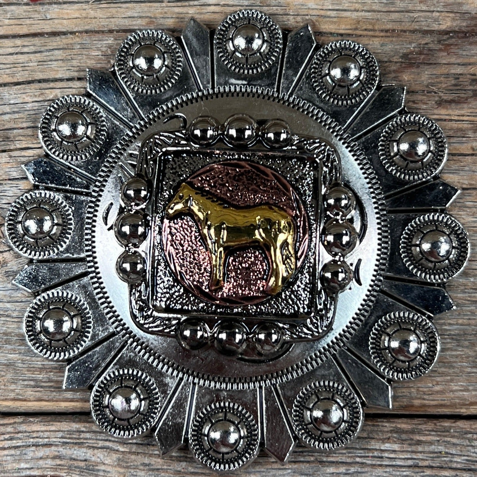 Antique Silver Square Concho with Gold Horse Western Concho W186